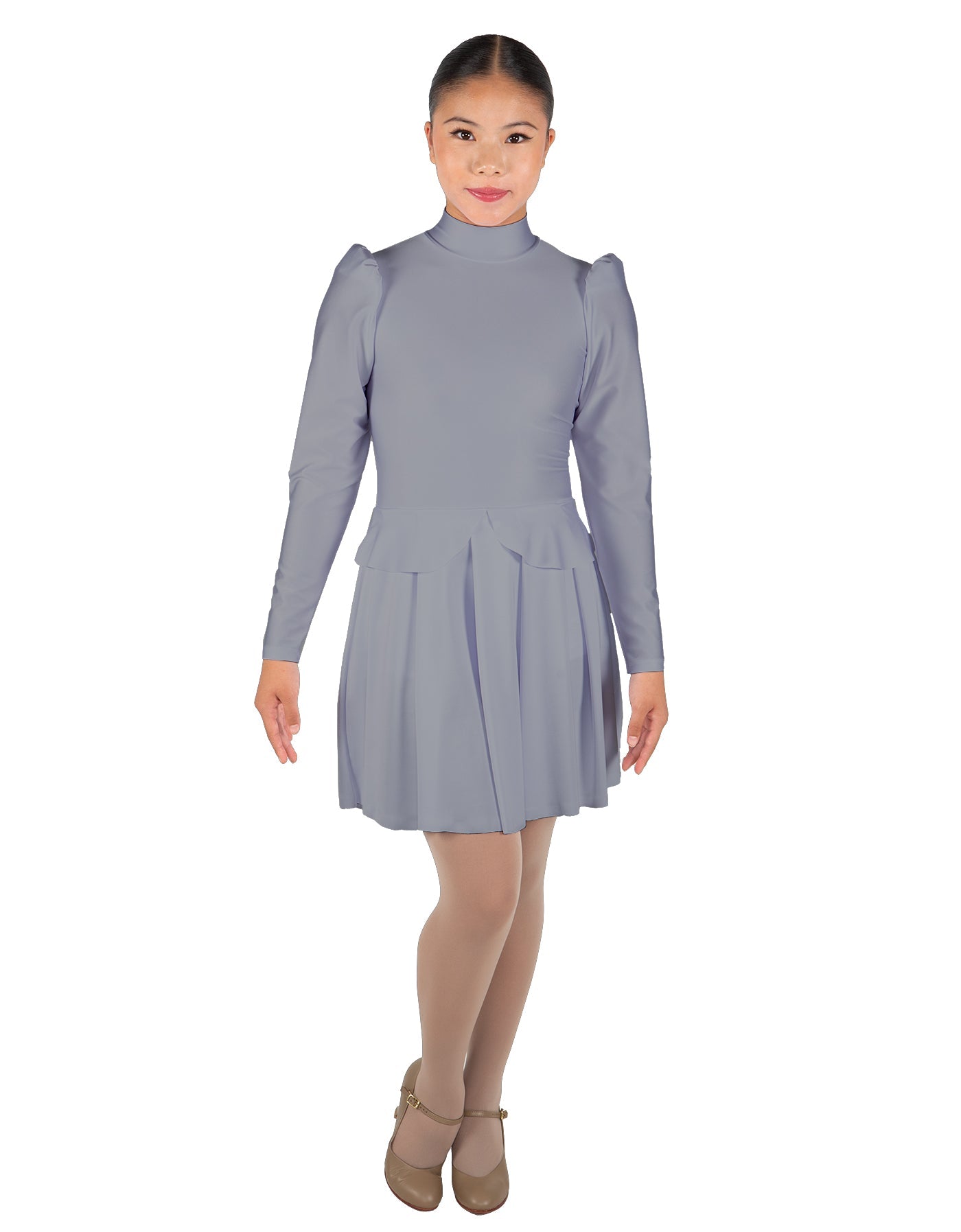 Solid Lycra LS TNeck Leotard with Attached Pleated Skirt and Peplum
