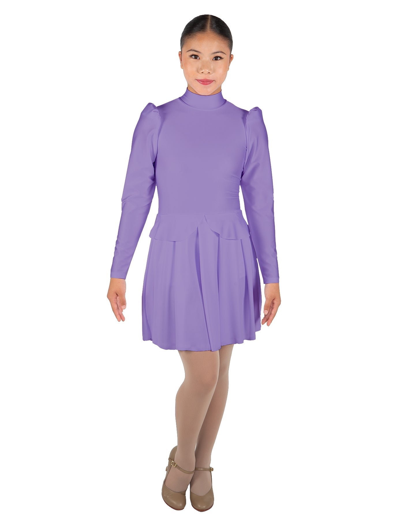 Solid Lycra LS TNeck Leotard with Attached Pleated Skirt and Peplum