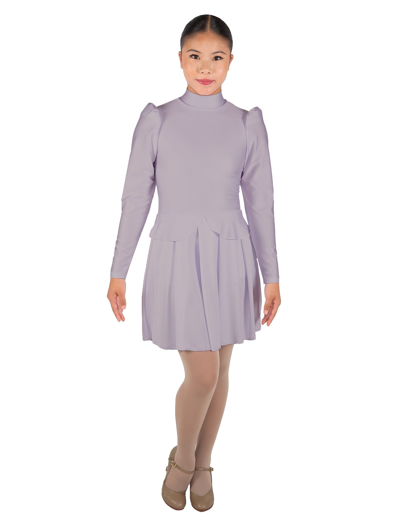 Solid Lycra LS TNeck Leotard with Attached Pleated Skirt and Peplum