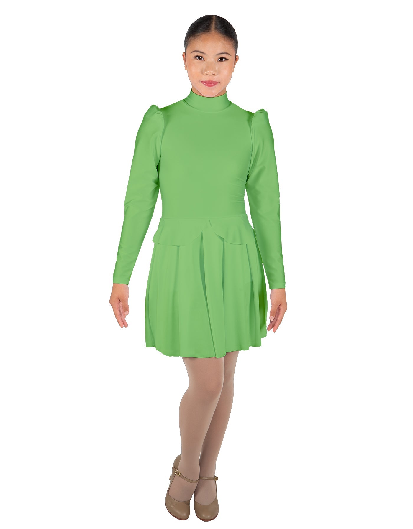 Solid Lycra LS TNeck Leotard with Attached Pleated Skirt and Peplum