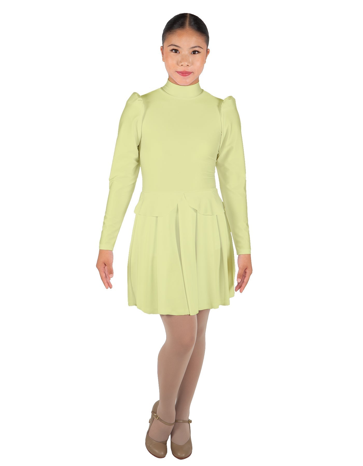 Solid Lycra LS TNeck Leotard with Attached Pleated Skirt and Peplum