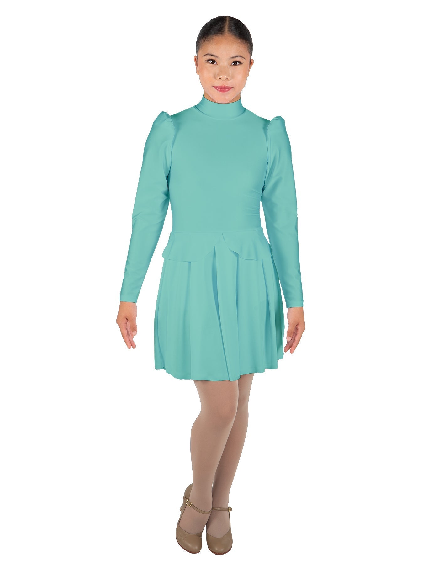 Solid Lycra LS TNeck Leotard with Attached Pleated Skirt and Peplum