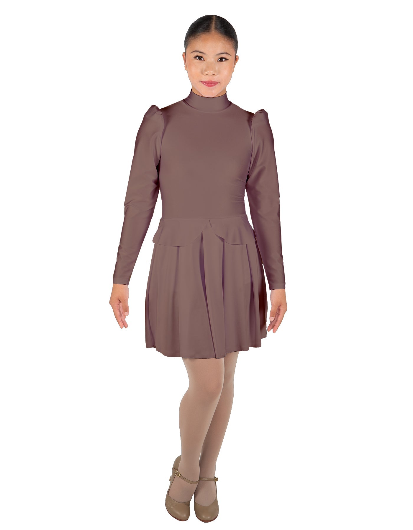 Solid Lycra LS TNeck Leotard with Attached Pleated Skirt and Peplum