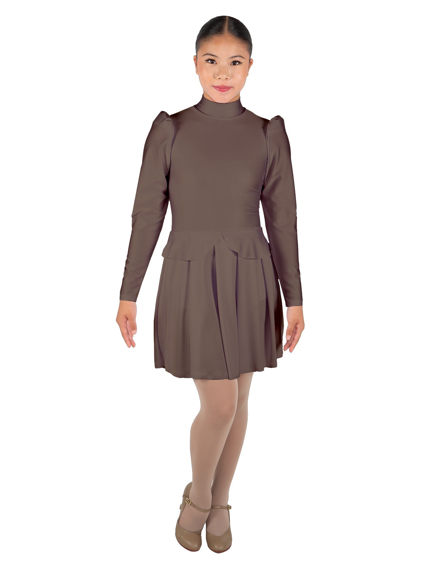 Solid Lycra LS TNeck Leotard with Attached Pleated Skirt and Peplum
