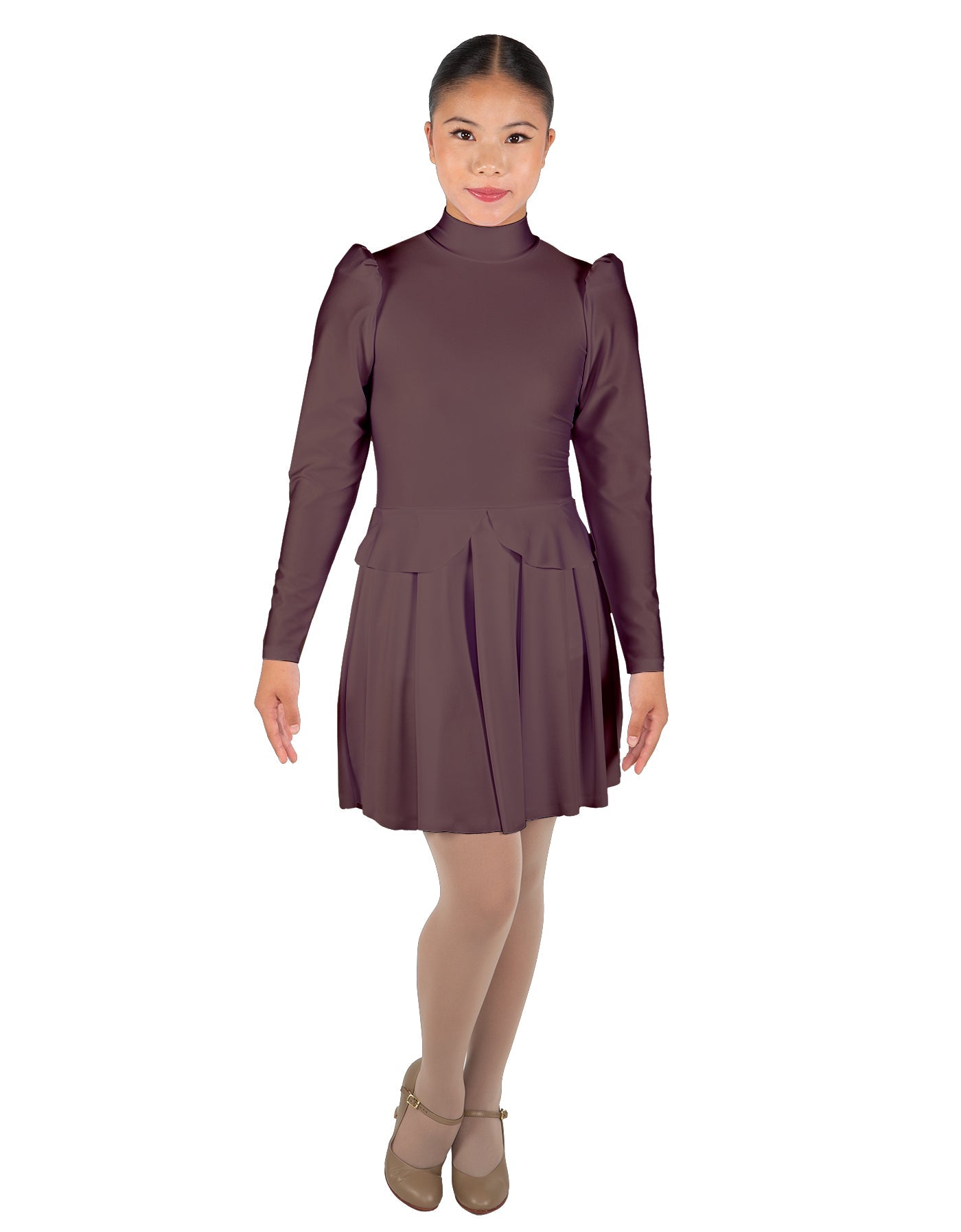 Solid Lycra LS TNeck Leotard with Attached Pleated Skirt and Peplum