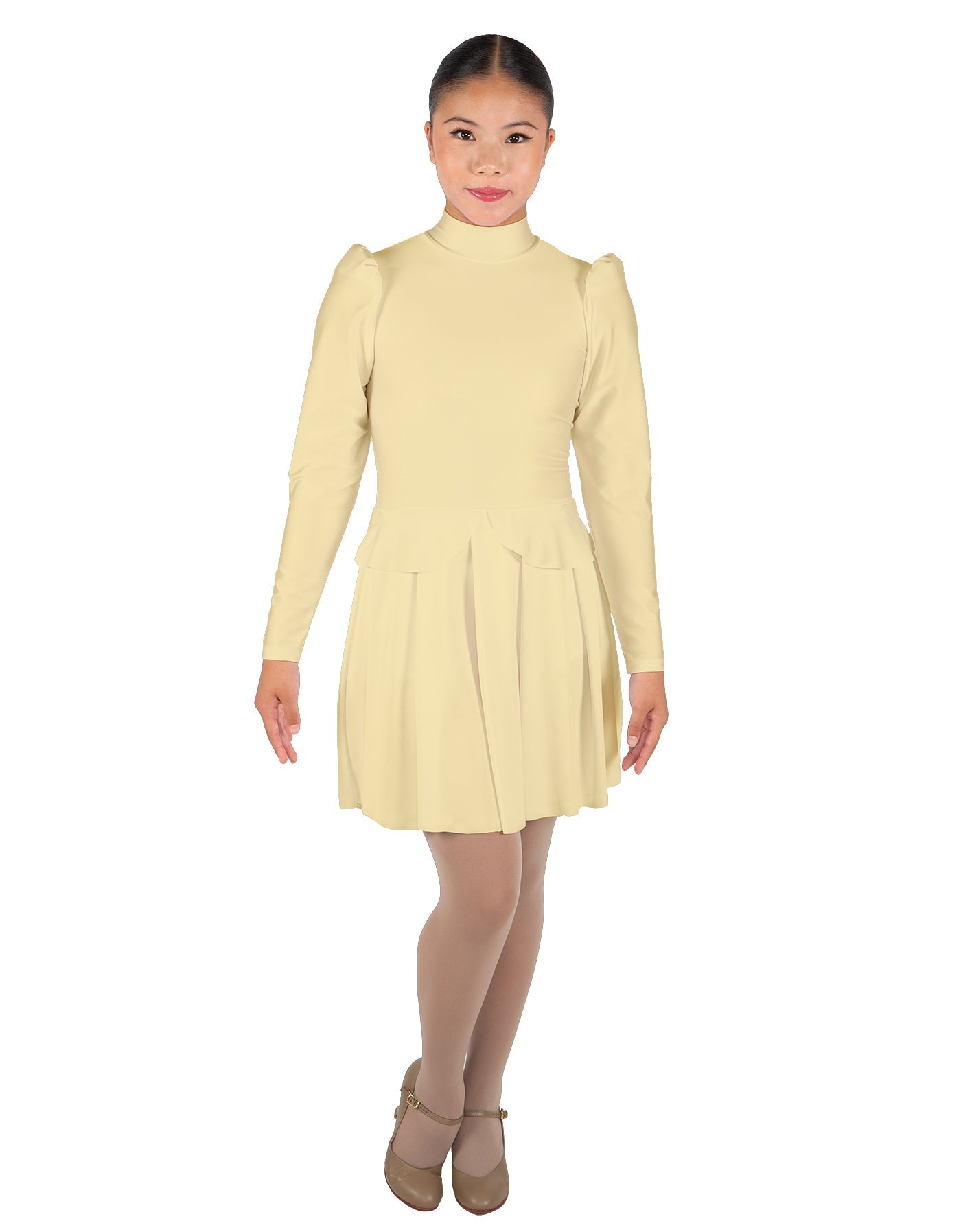 Solid Lycra LS TNeck Leotard with Attached Pleated Skirt and Peplum