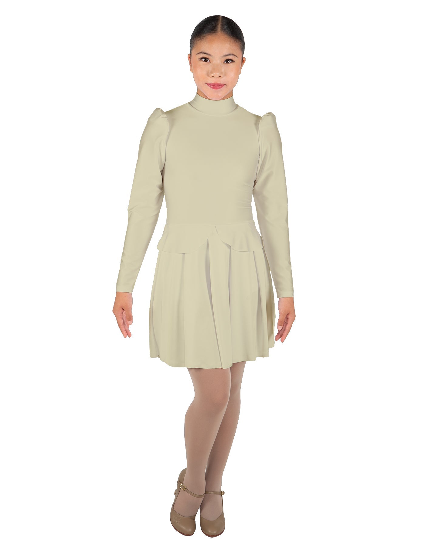 Solid Lycra LS TNeck Leotard with Attached Pleated Skirt and Peplum