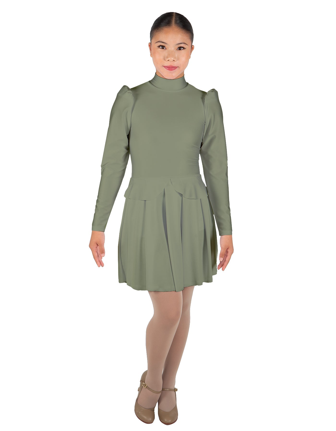 Solid Lycra LS TNeck Leotard with Attached Pleated Skirt and Peplum