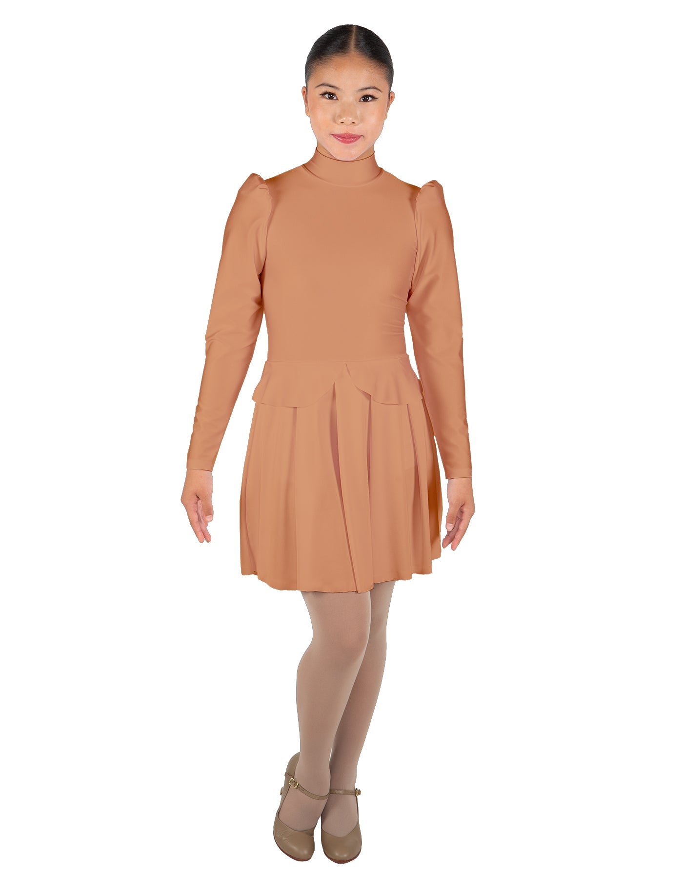 Solid Lycra LS TNeck Leotard with Attached Pleated Skirt and Peplum