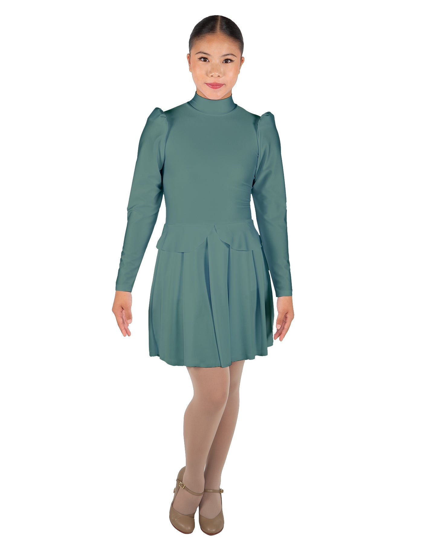 Solid Lycra LS TNeck Leotard with Attached Pleated Skirt and Peplum