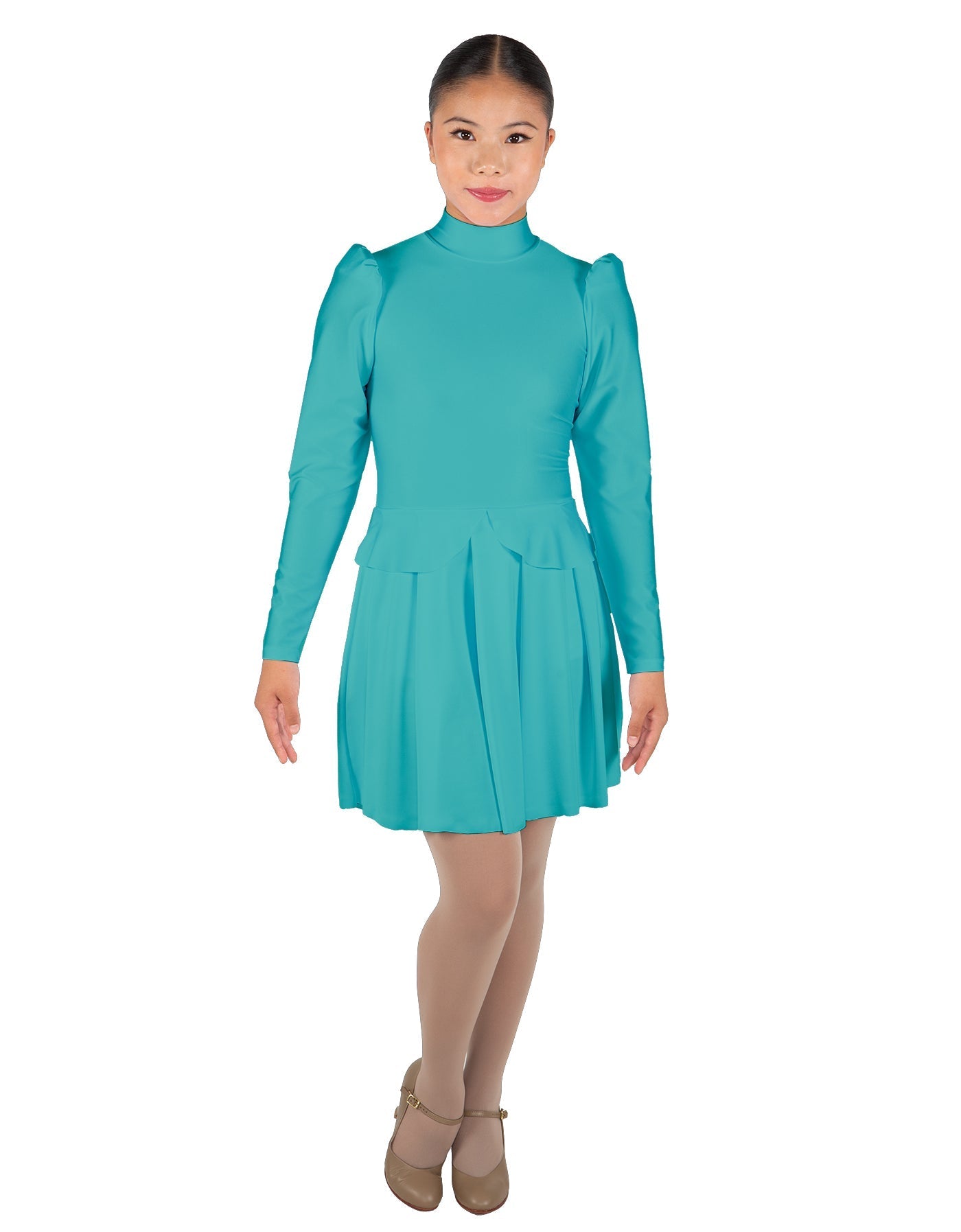 Solid Lycra LS TNeck Leotard with Attached Pleated Skirt and Peplum