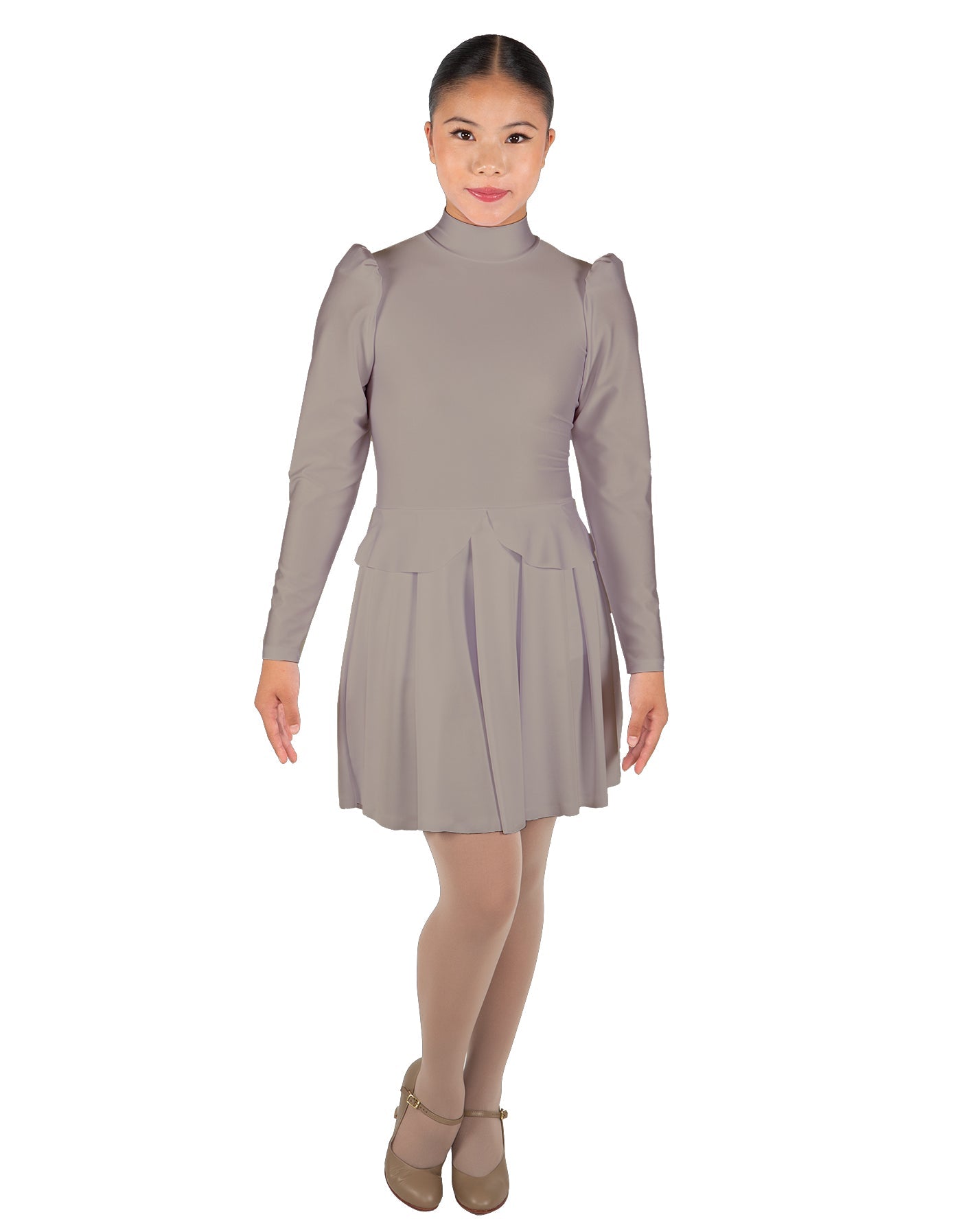 Solid Lycra LS TNeck Leotard with Attached Pleated Skirt and Peplum