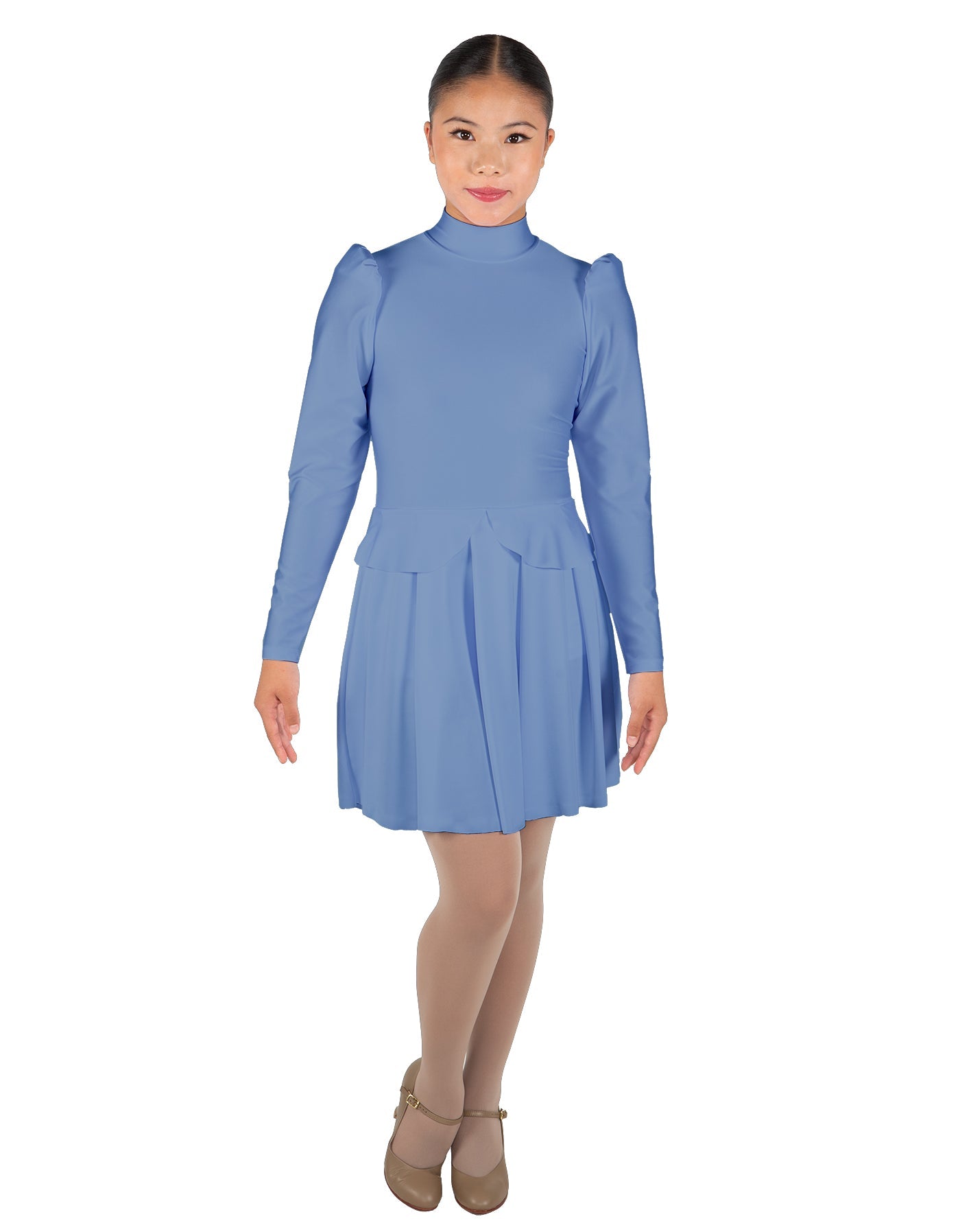 Solid Lycra LS TNeck Leotard with Attached Pleated Skirt and Peplum