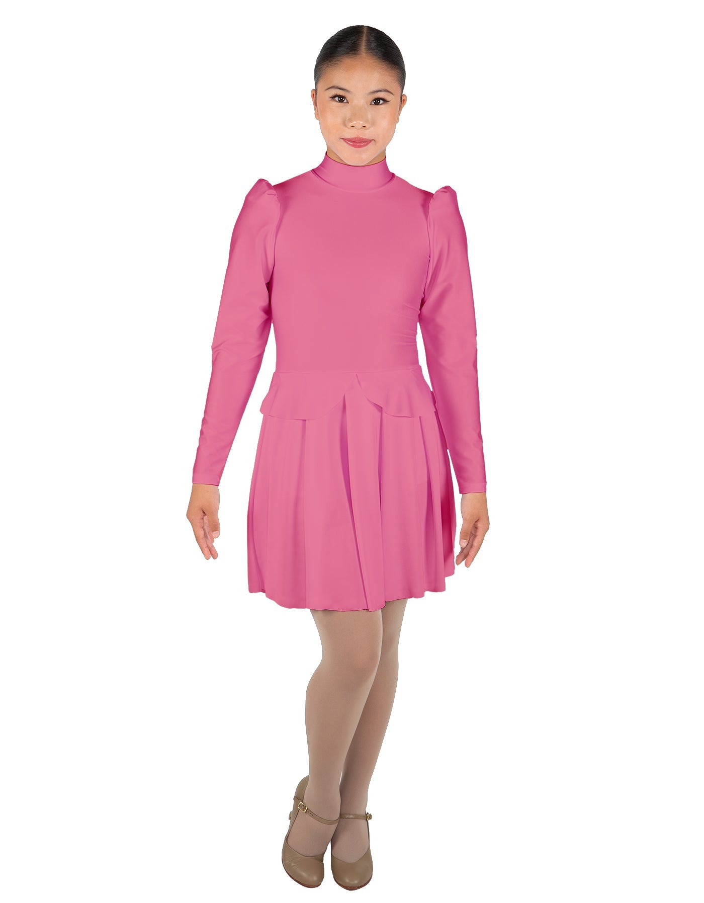 Solid Lycra LS TNeck Leotard with Attached Pleated Skirt and Peplum