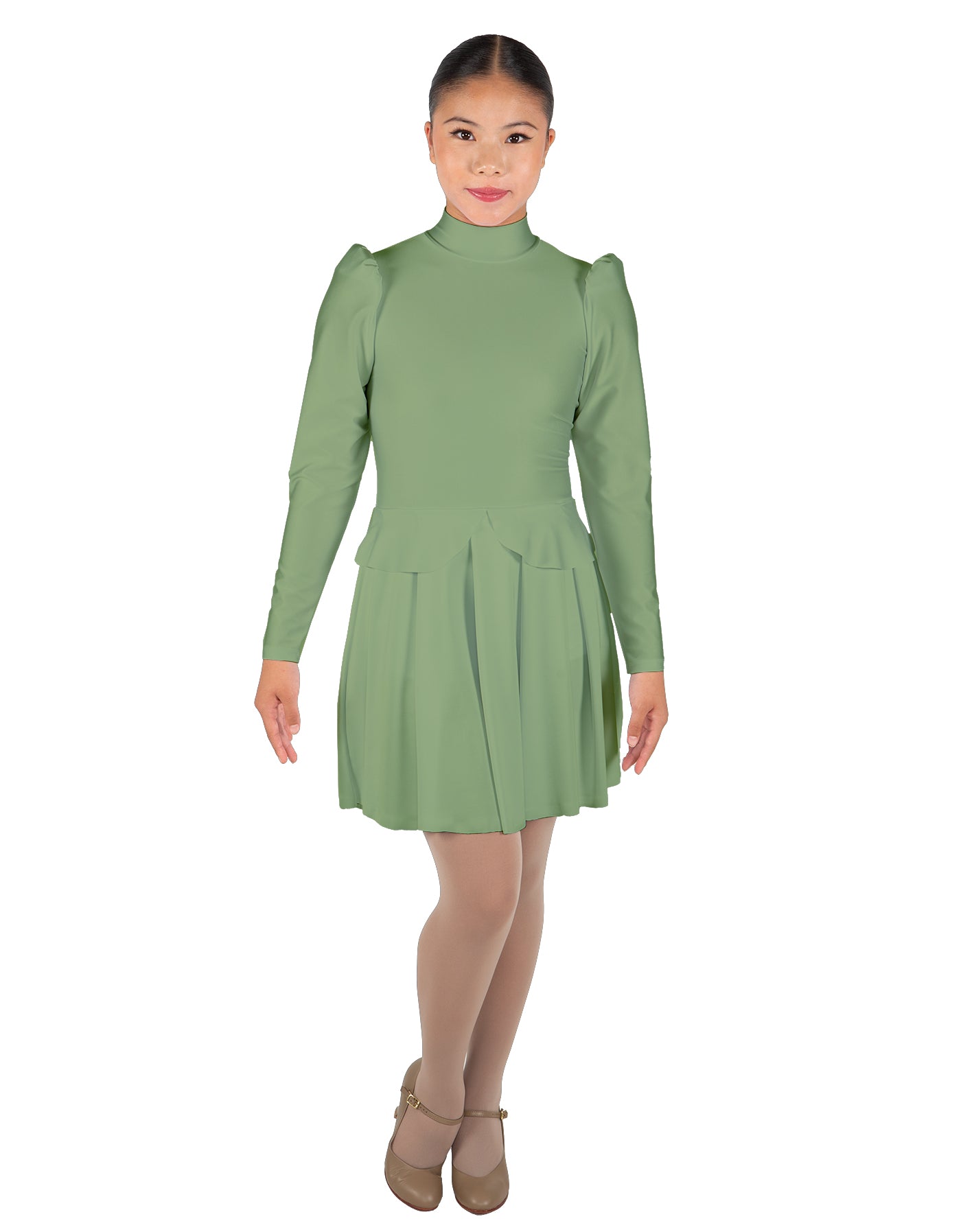 Solid Lycra LS TNeck Leotard with Attached Pleated Skirt and Peplum