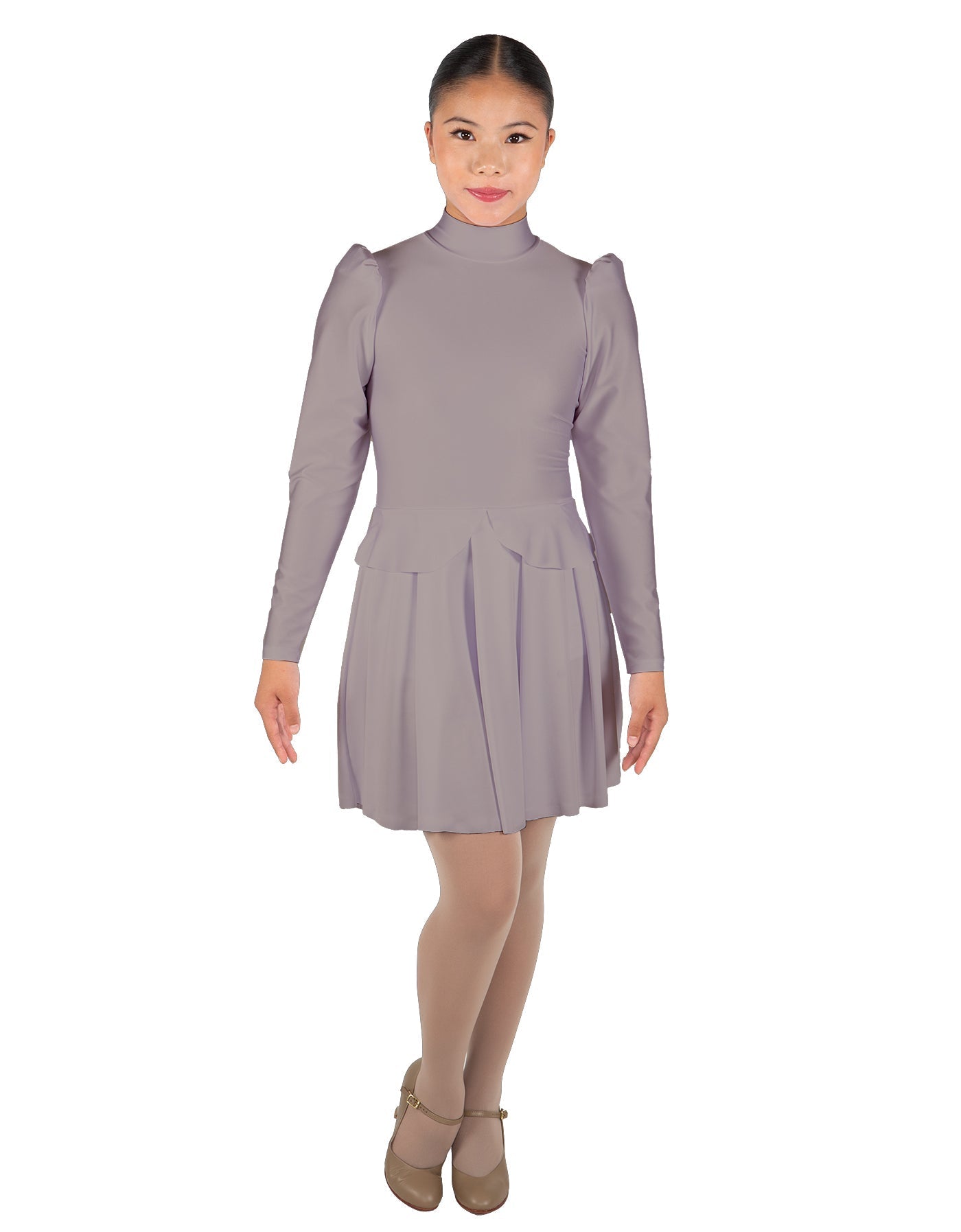 Solid Lycra LS TNeck Leotard with Attached Pleated Skirt and Peplum