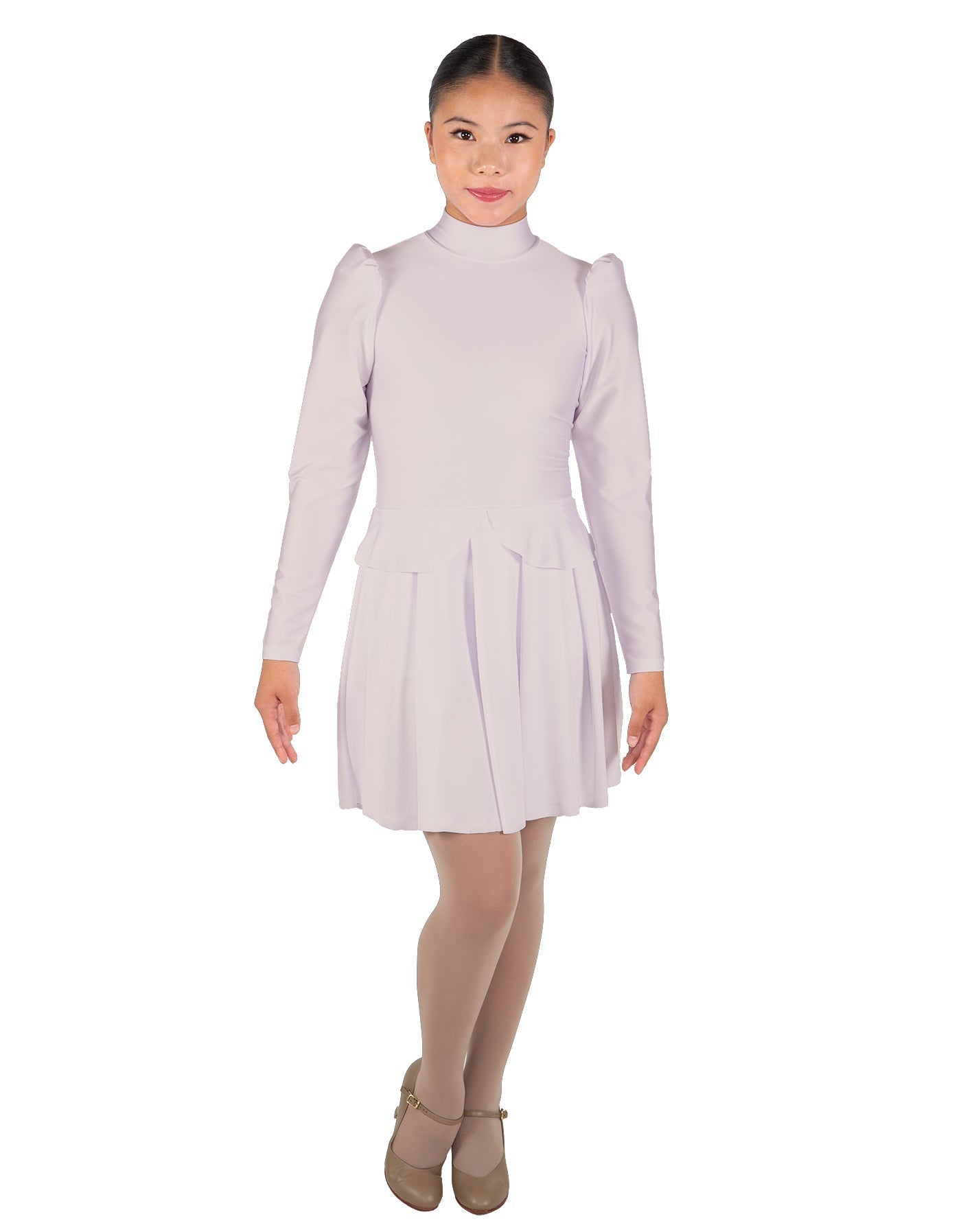 Solid Lycra LS TNeck Leotard with Attached Pleated Skirt and Peplum