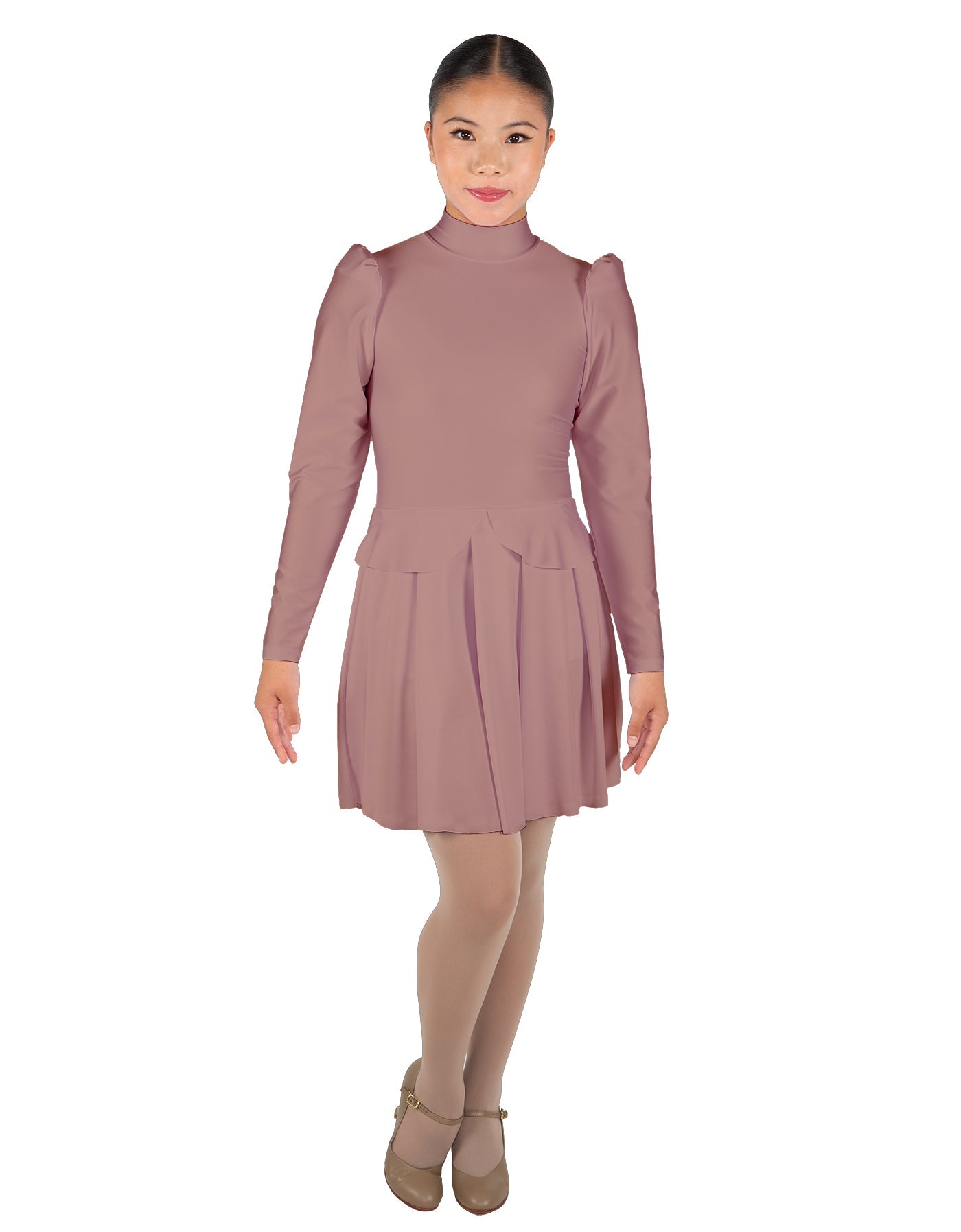 Solid Lycra LS TNeck Leotard with Attached Pleated Skirt and Peplum