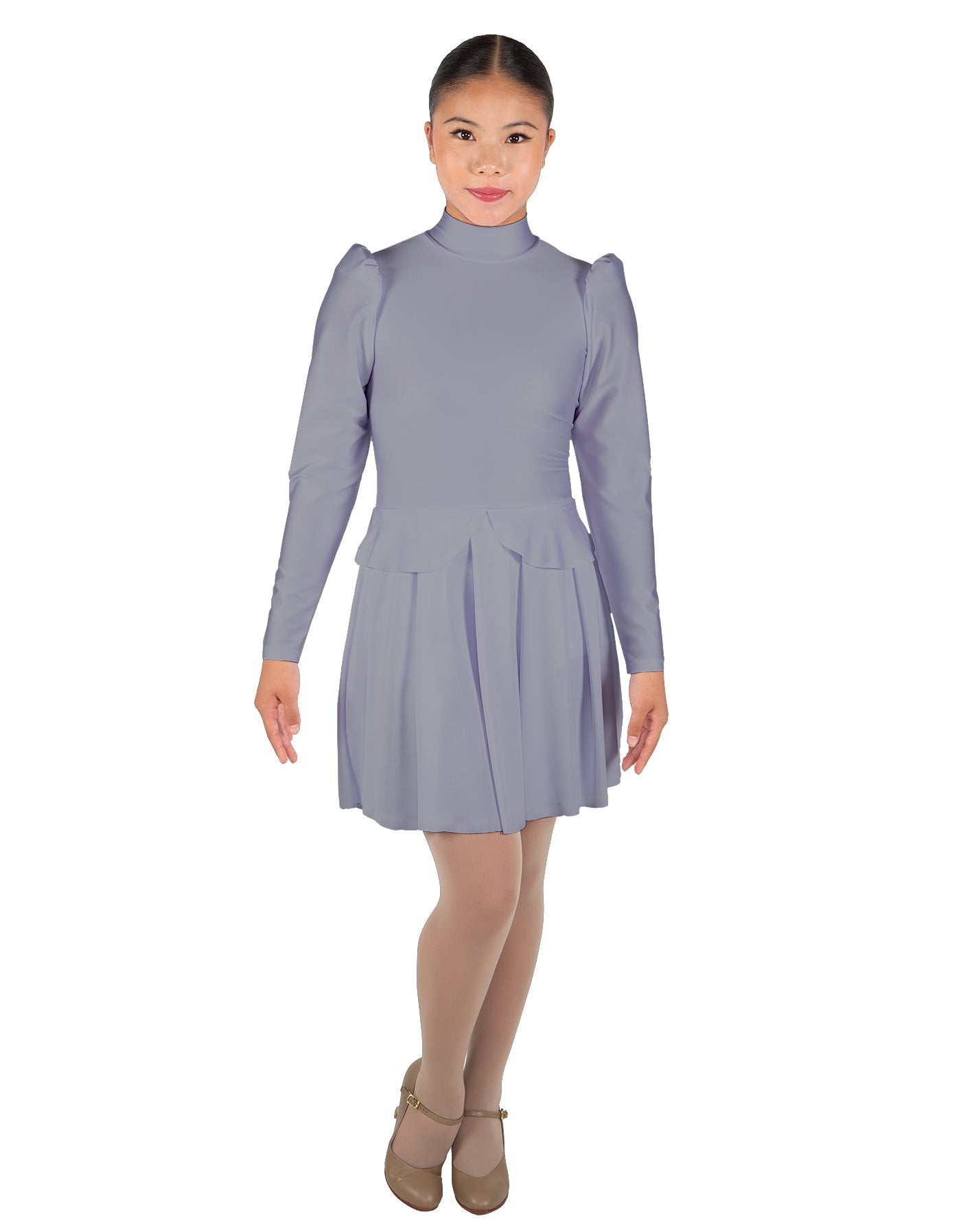 Solid Lycra LS TNeck Biketard with Attached Pleated Skirt and Peplum