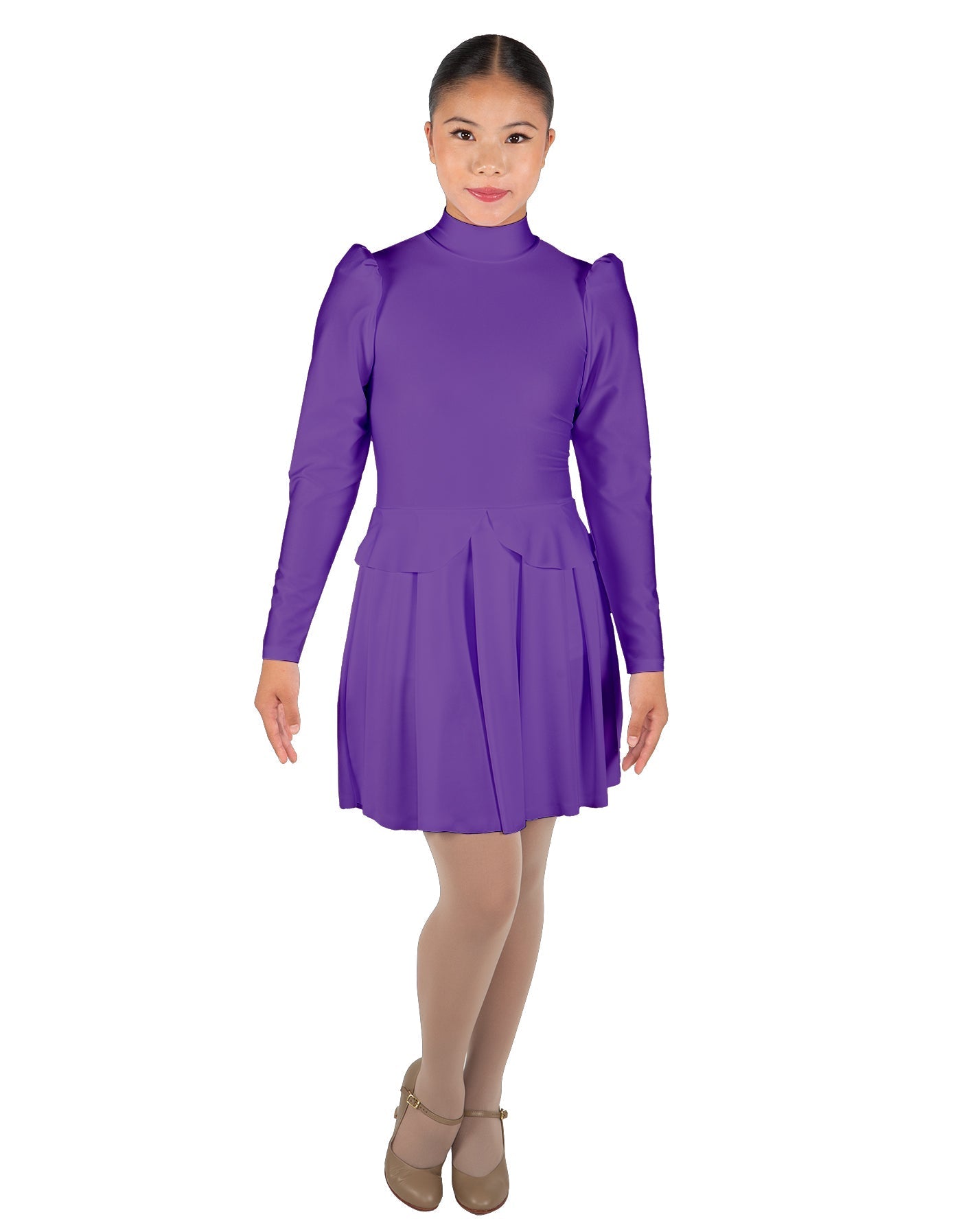 Solid Lycra LS TNeck Biketard with Attached Pleated Skirt and Peplum