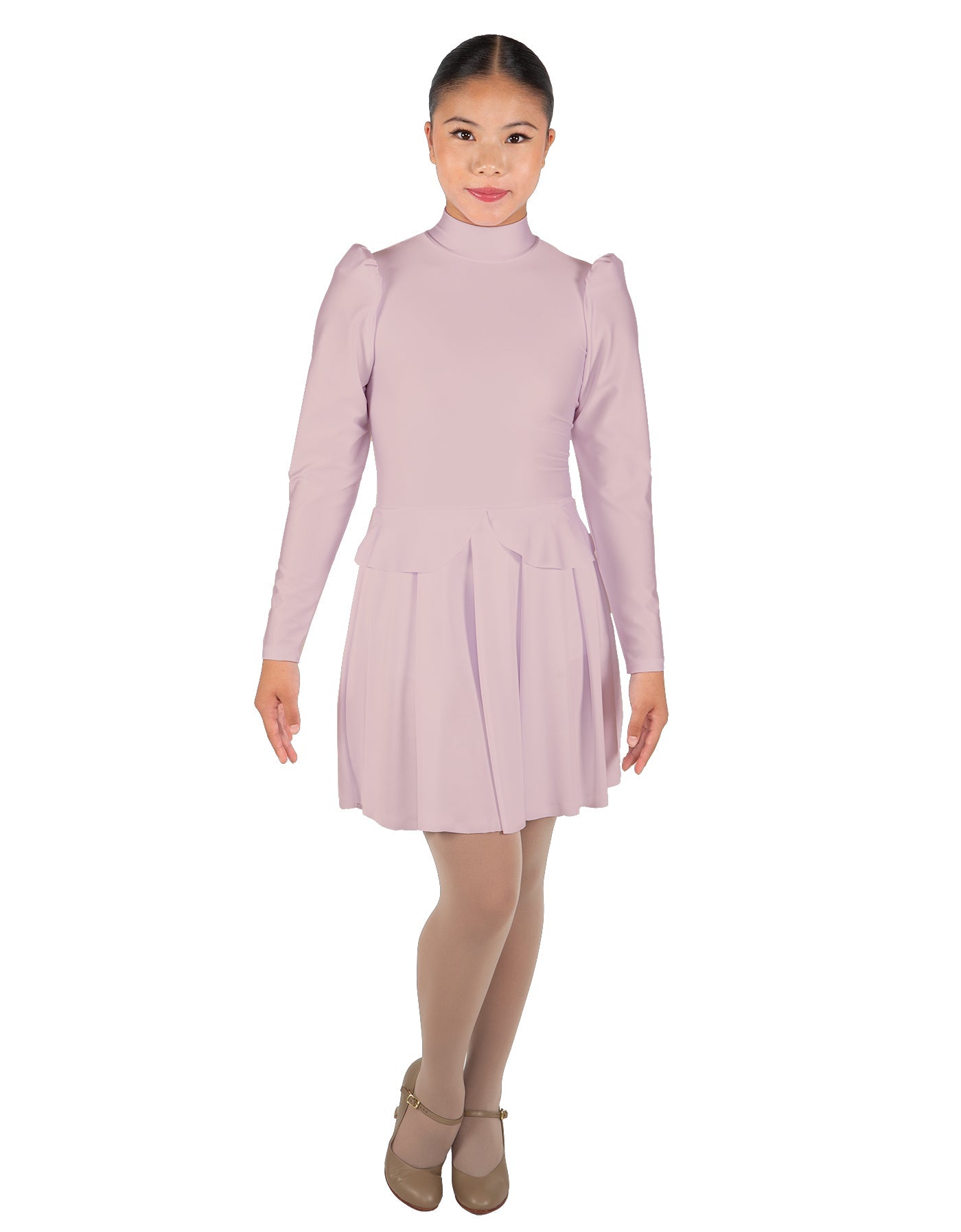 Solid Lycra LS TNeck Biketard with Attached Pleated Skirt and Peplum