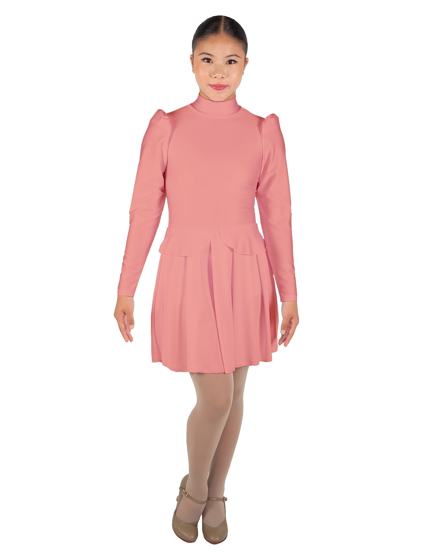 Solid Lycra LS TNeck Biketard with Attached Pleated Skirt and Peplum