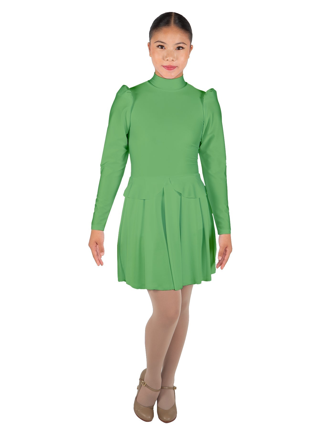 Solid Lycra LS TNeck Biketard with Attached Pleated Skirt and Peplum