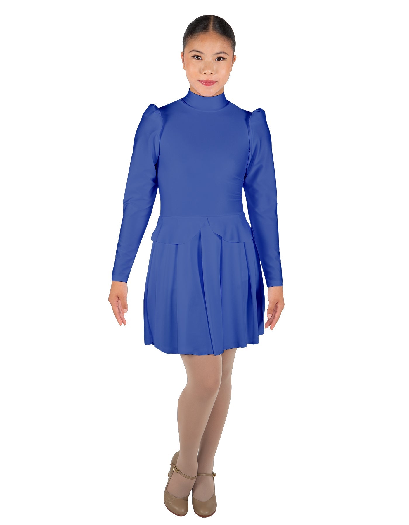 Solid Lycra LS TNeck Biketard with Attached Pleated Skirt and Peplum
