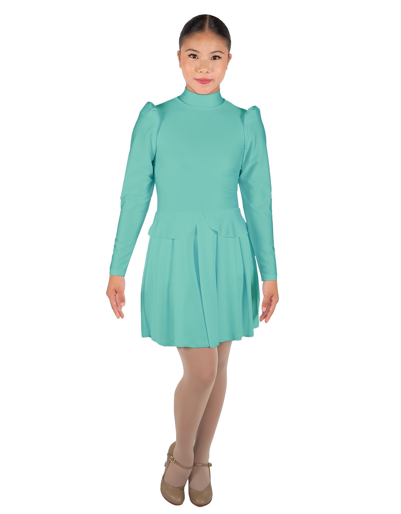 Solid Lycra LS TNeck Biketard with Attached Pleated Skirt and Peplum