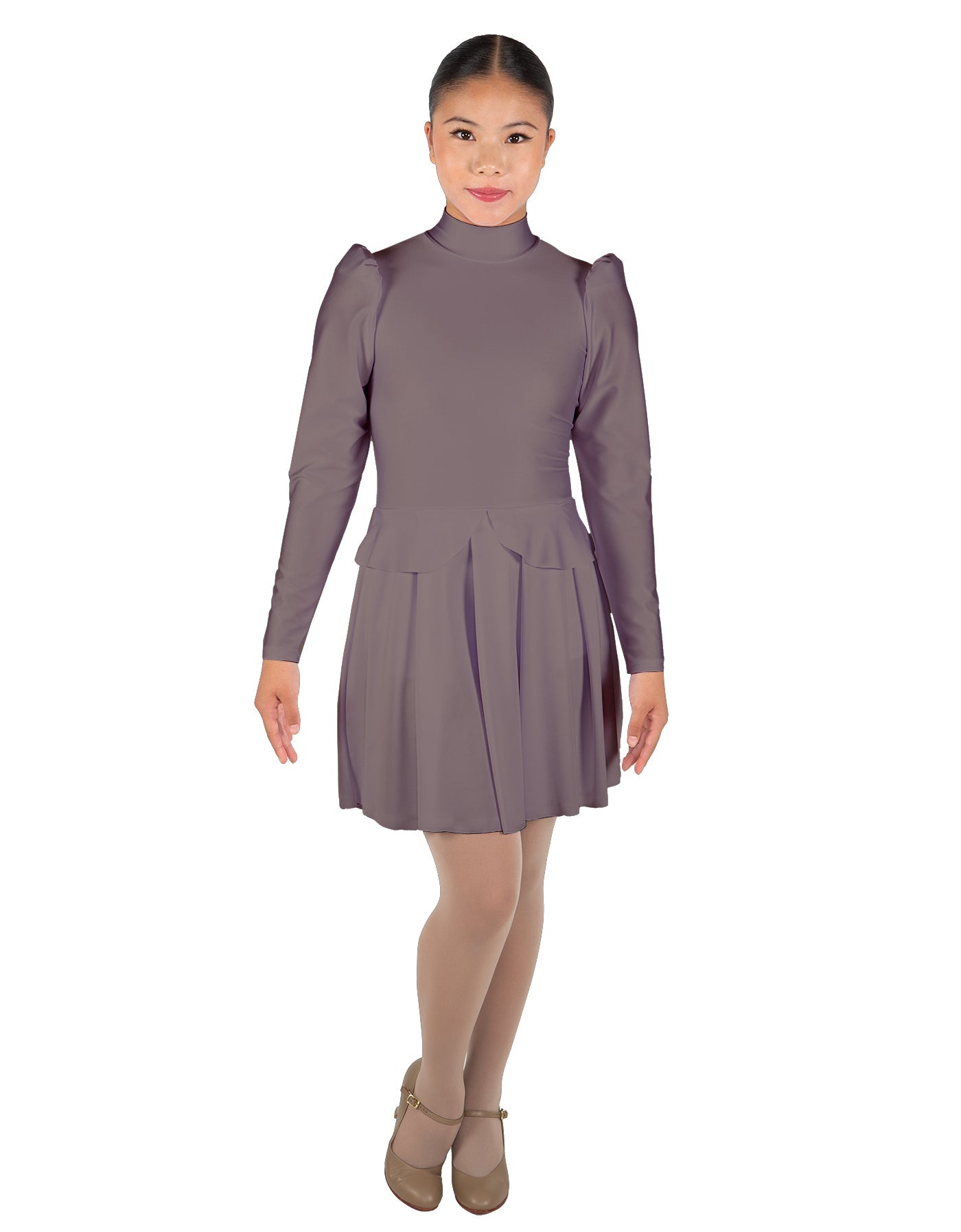 Solid Lycra LS TNeck Biketard with Attached Pleated Skirt and Peplum