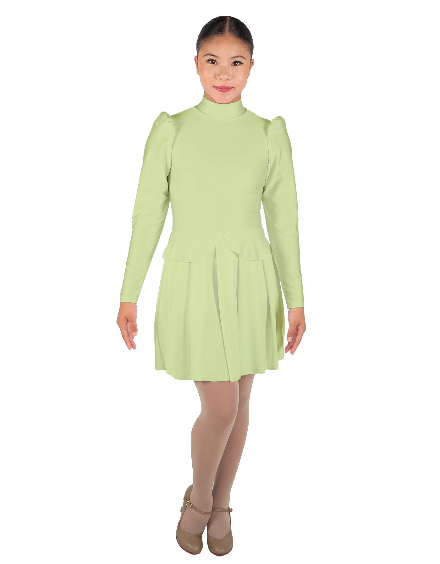 Solid Lycra LS TNeck Biketard with Attached Pleated Skirt and Peplum