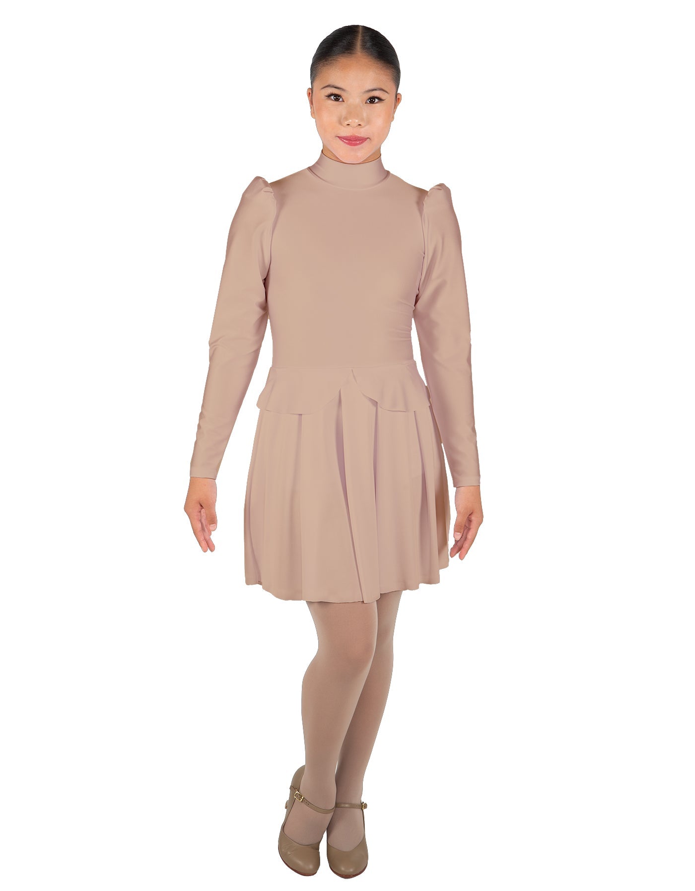 Solid Lycra LS TNeck Biketard with Attached Pleated Skirt and Peplum