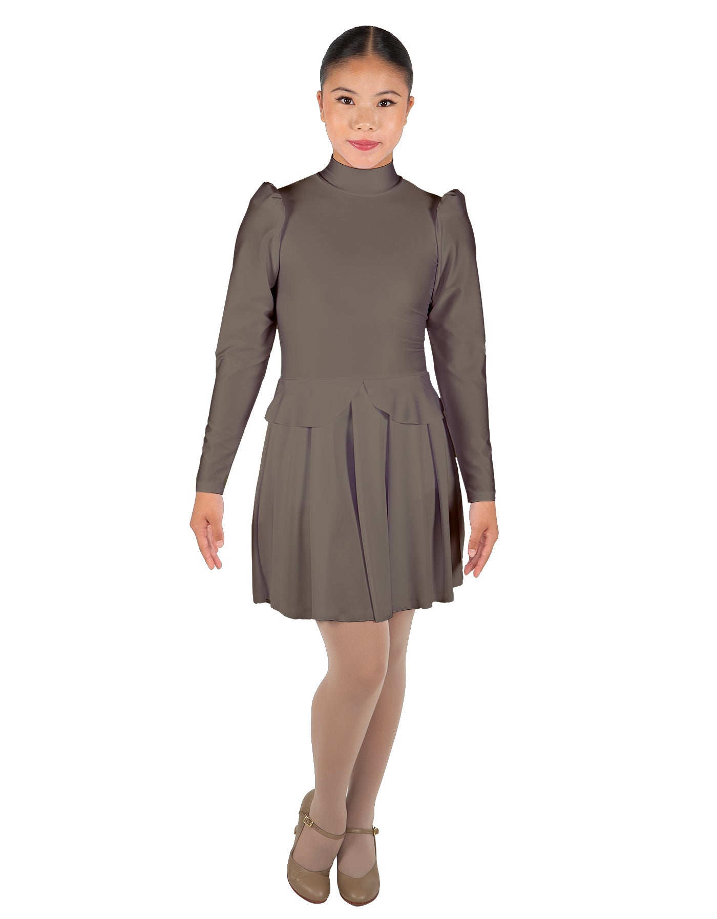 Solid Lycra LS TNeck Biketard with Attached Pleated Skirt and Peplum