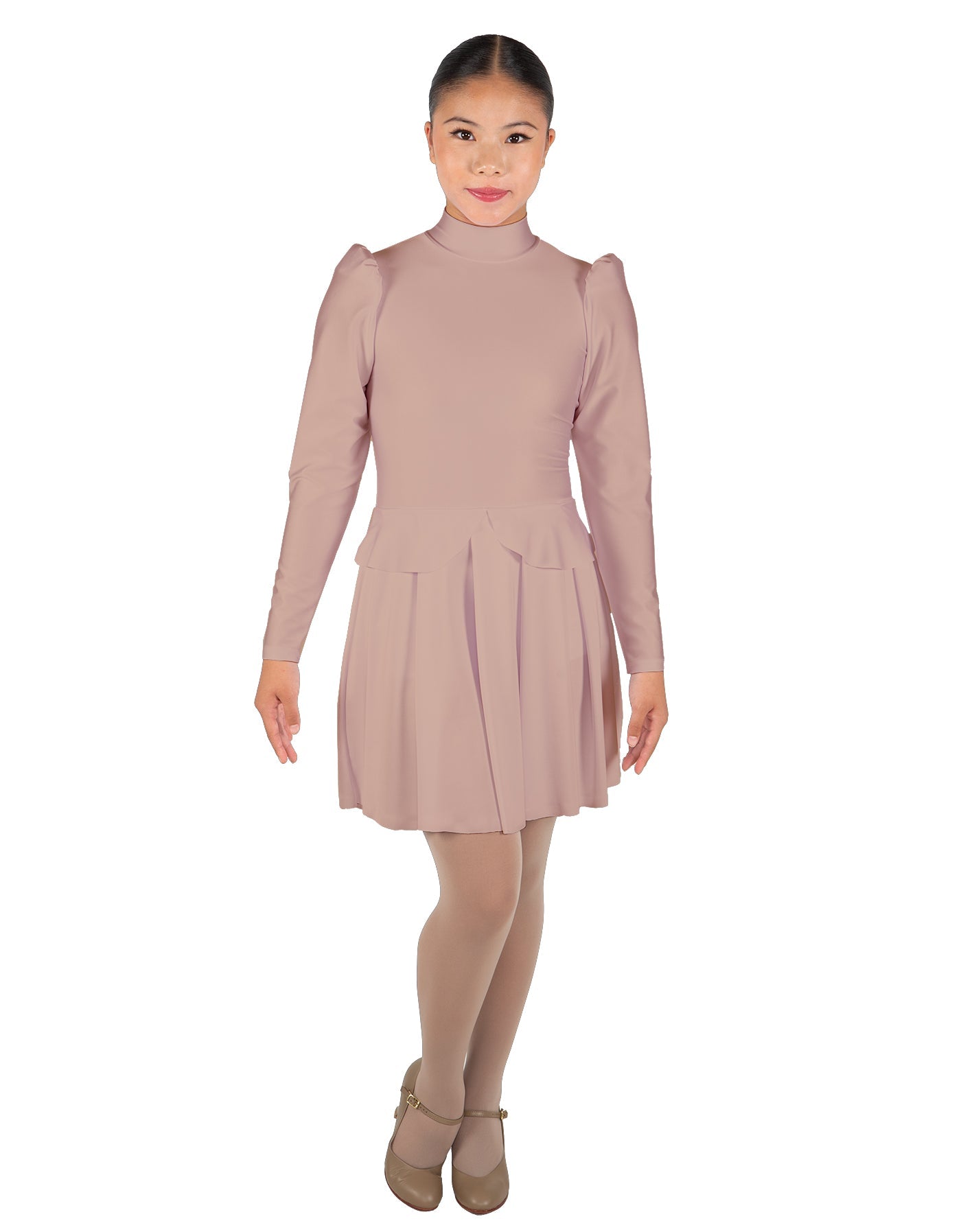 Solid Lycra LS TNeck Biketard with Attached Pleated Skirt and Peplum