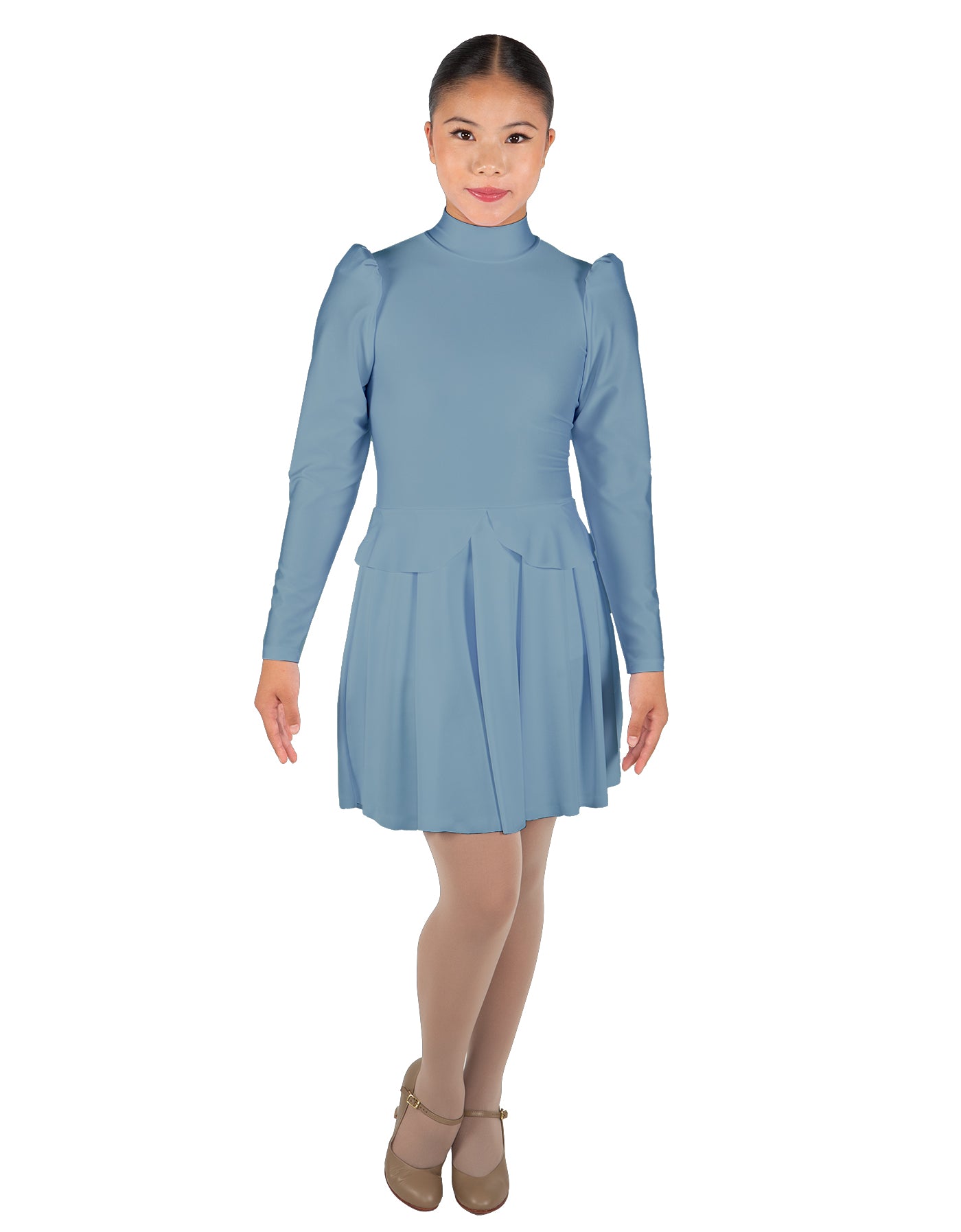 Solid Lycra LS TNeck Biketard with Attached Pleated Skirt and Peplum