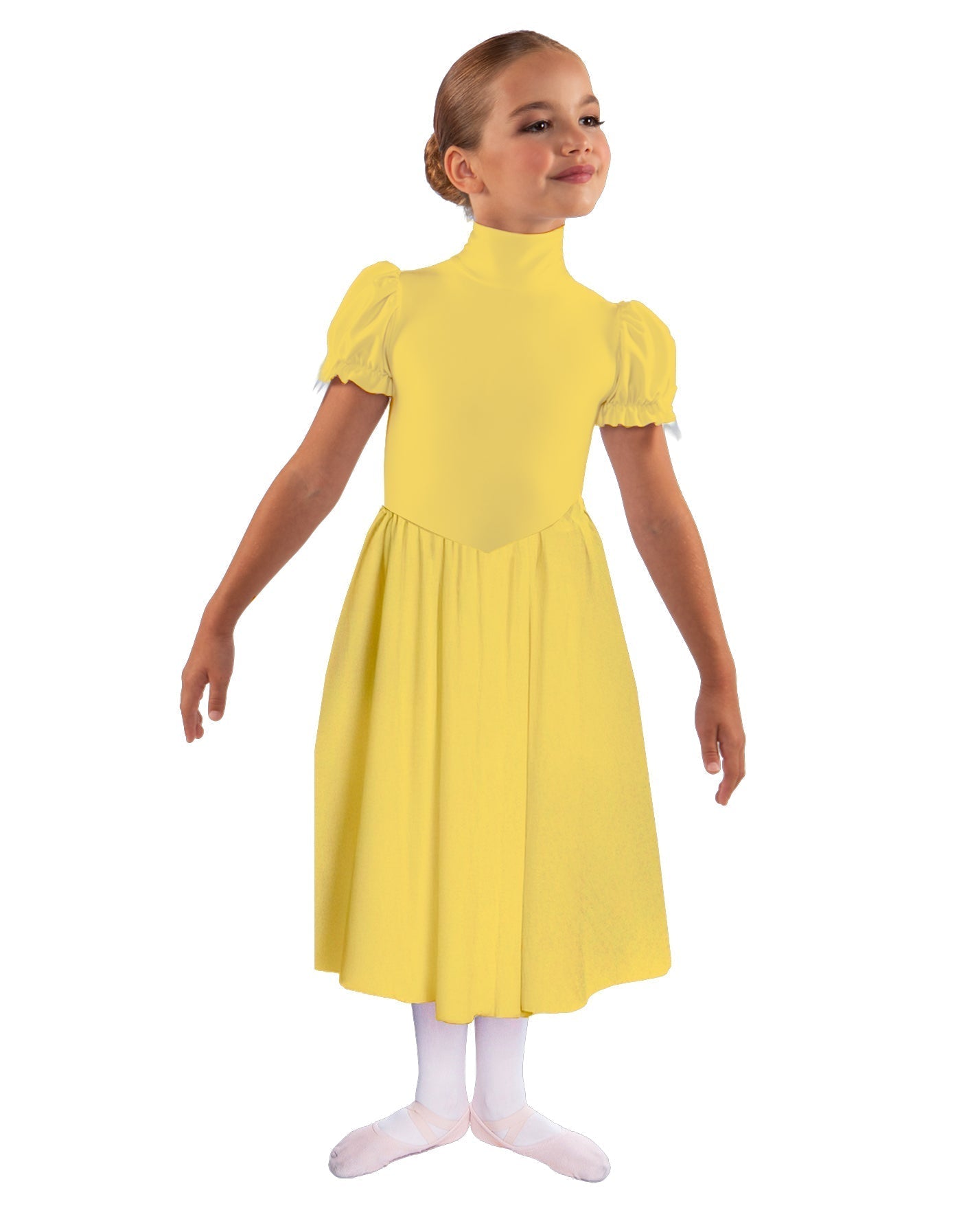 Solid Lycra T Neck Puff Sleeve Dress Below Knee Zipper back