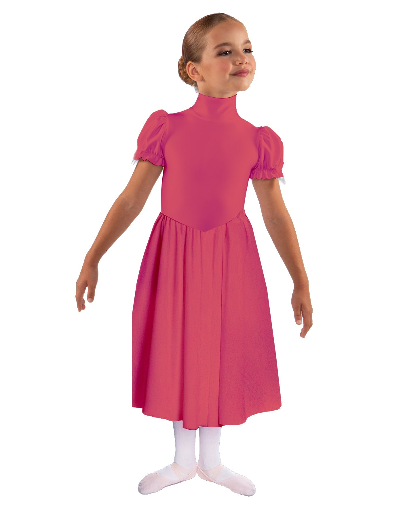 Solid Lycra T Neck Puff Sleeve Dress Below Knee Zipper back