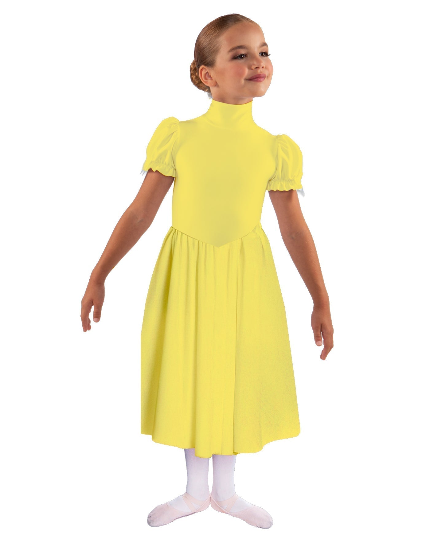 Solid Lycra T Neck Puff Sleeve Dress Below Knee Zipper back