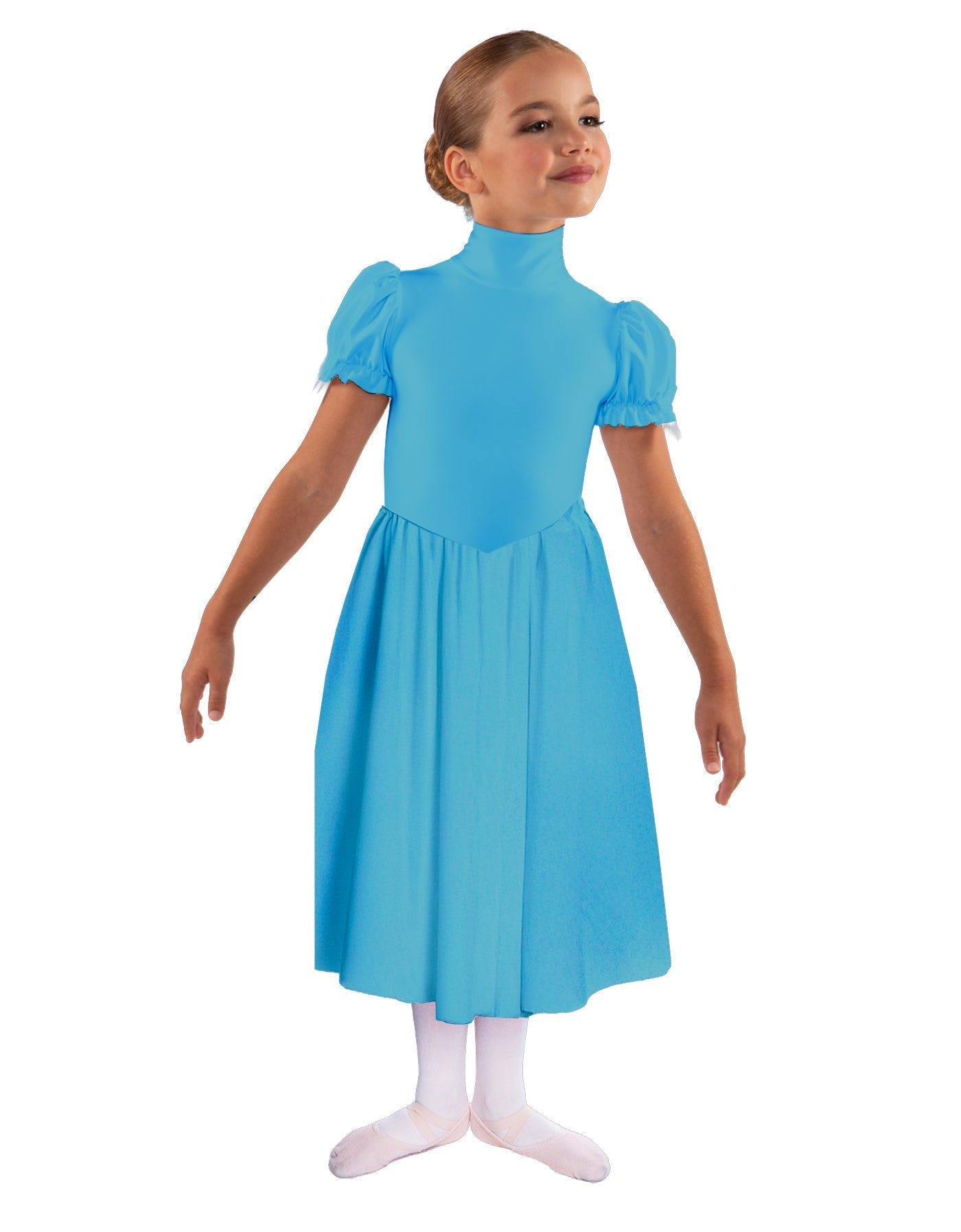 Solid Lycra T Neck Puff Sleeve Dress Below Knee Zipper back