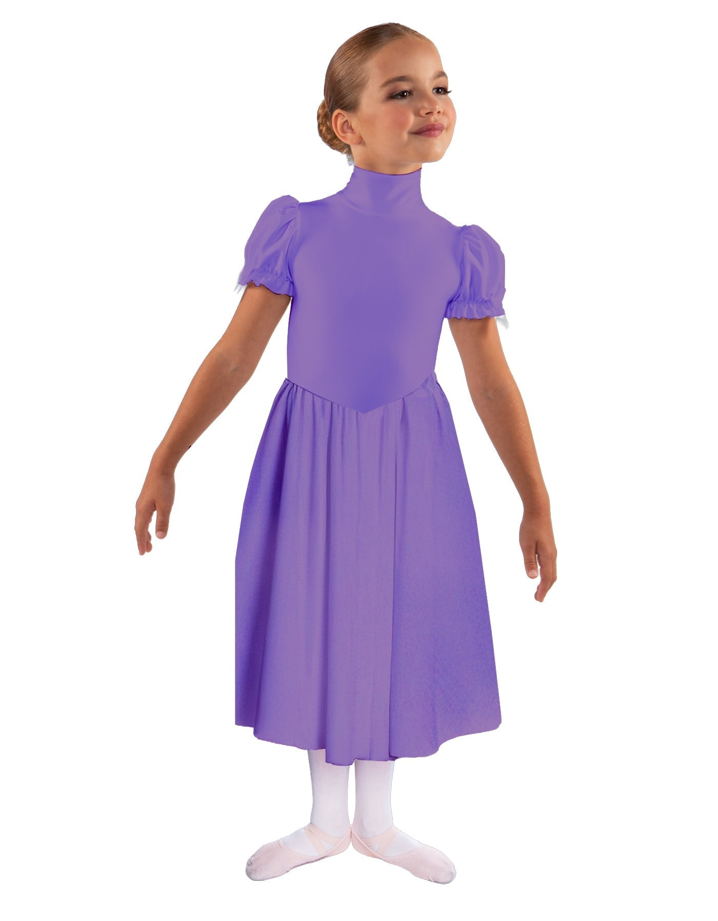 Solid Lycra T Neck Puff Sleeve Dress Below Knee Zipper back