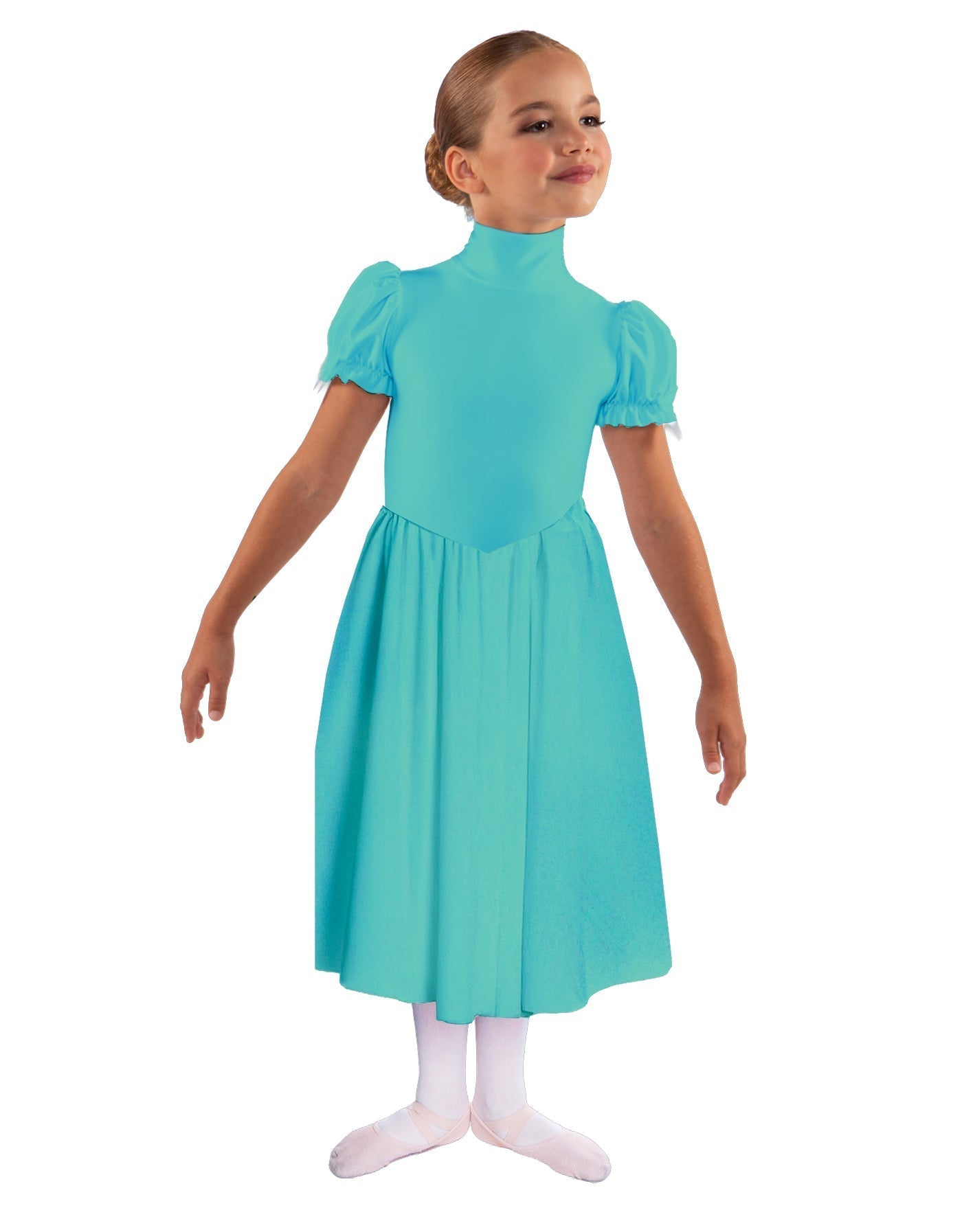 Solid Lycra T Neck Puff Sleeve Dress Below Knee Zipper back