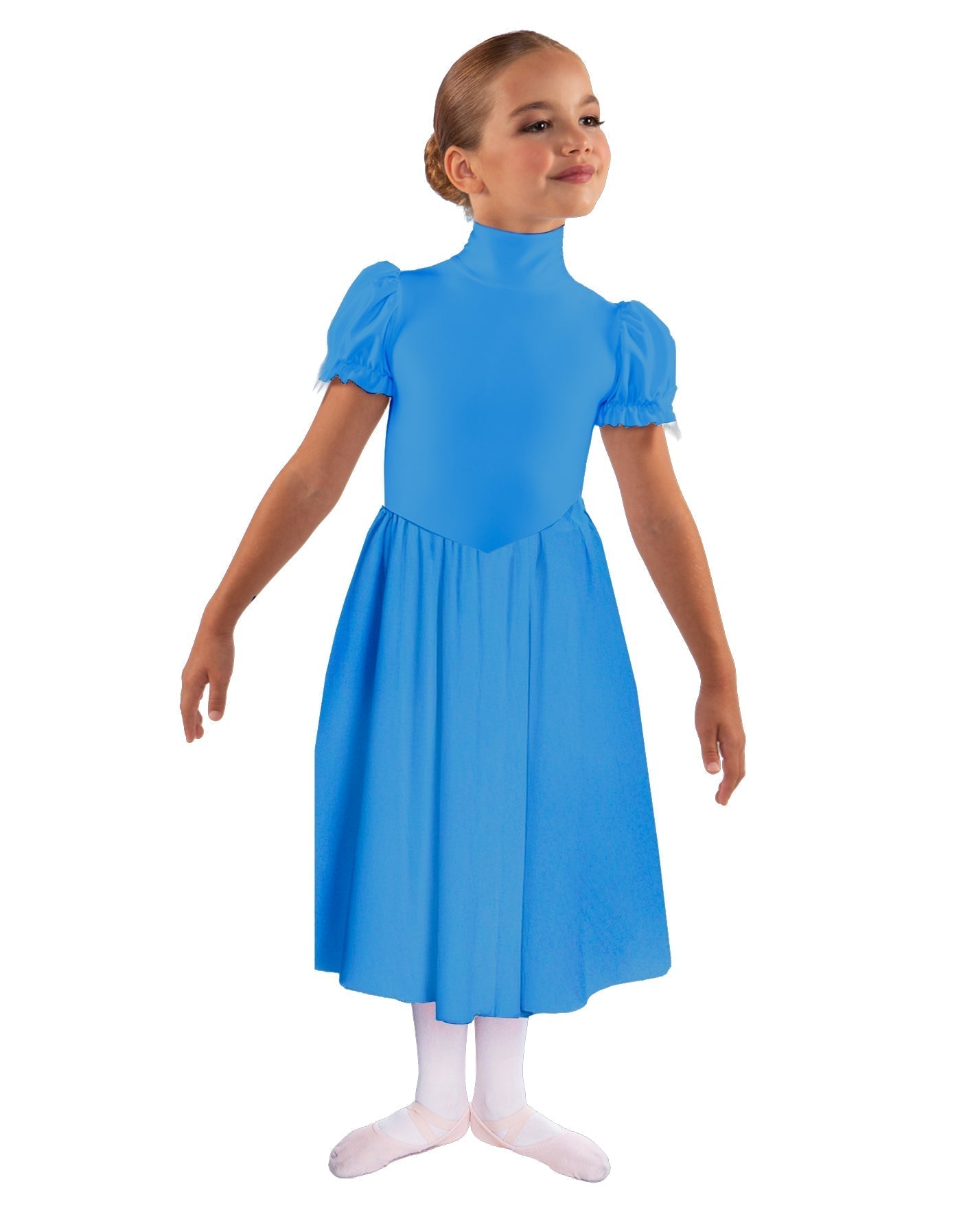 Solid Lycra T Neck Puff Sleeve Dress Below Knee Zipper back