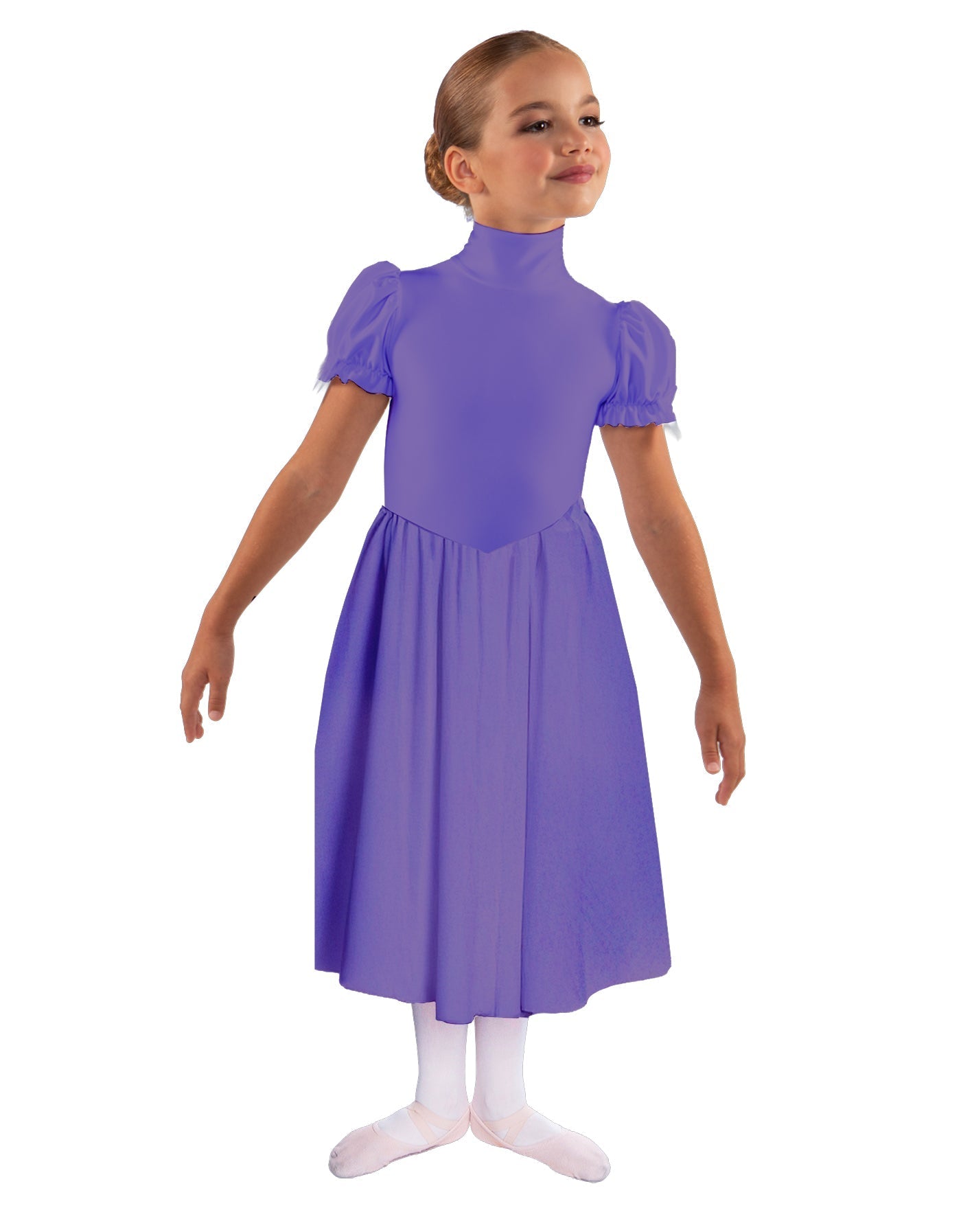 Solid Lycra T Neck Puff Sleeve Dress Below Knee Zipper back