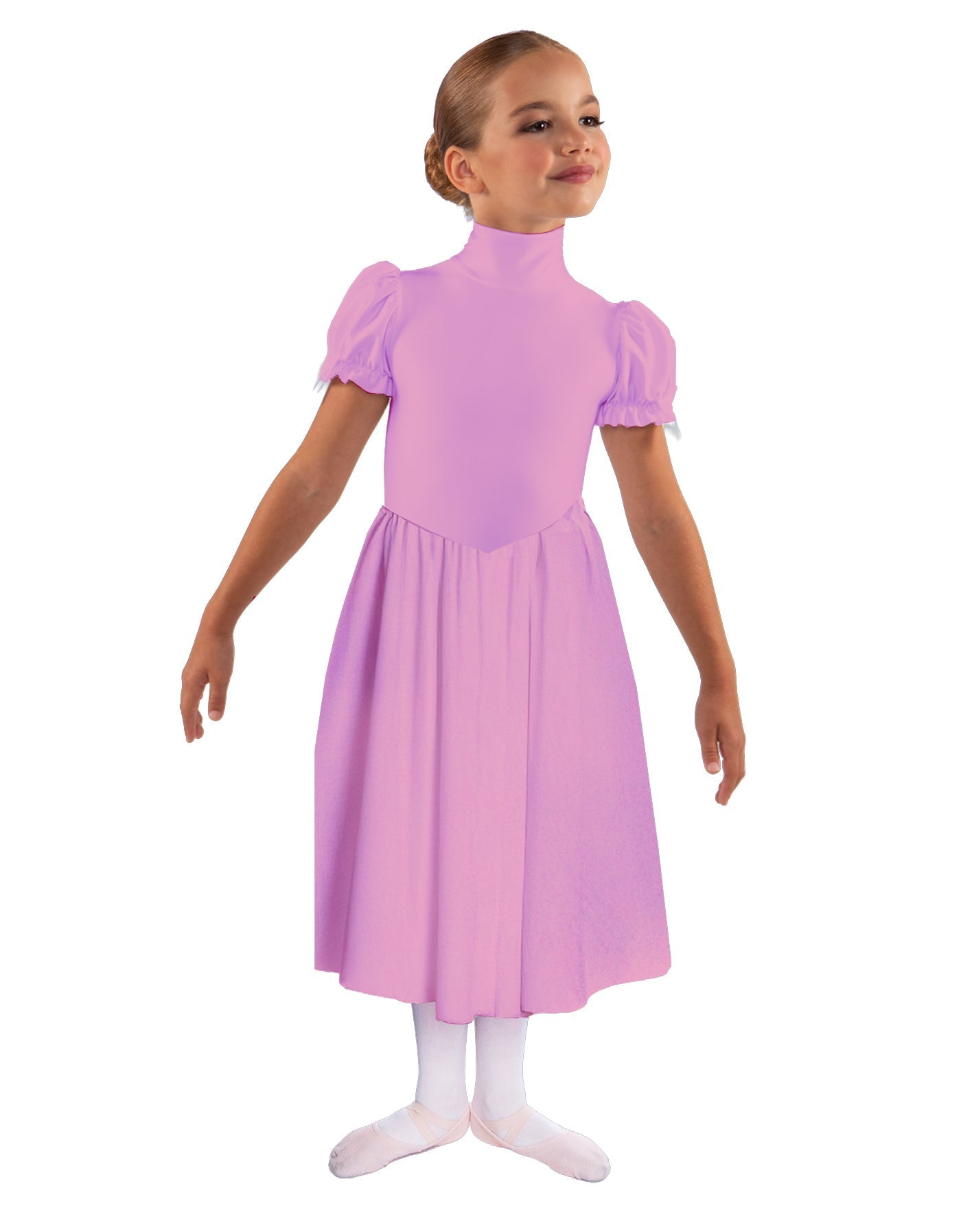 Solid Lycra T Neck Puff Sleeve Dress Below Knee Zipper back