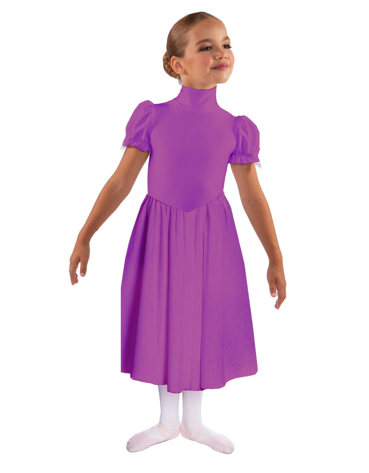 Solid Lycra T Neck Puff Sleeve Dress Below Knee Zipper back