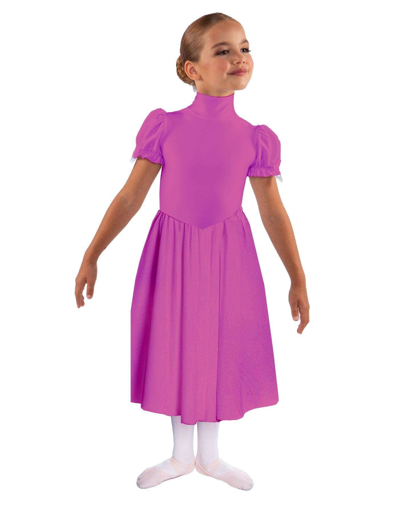Solid Lycra T Neck Puff Sleeve Dress Below Knee Zipper back
