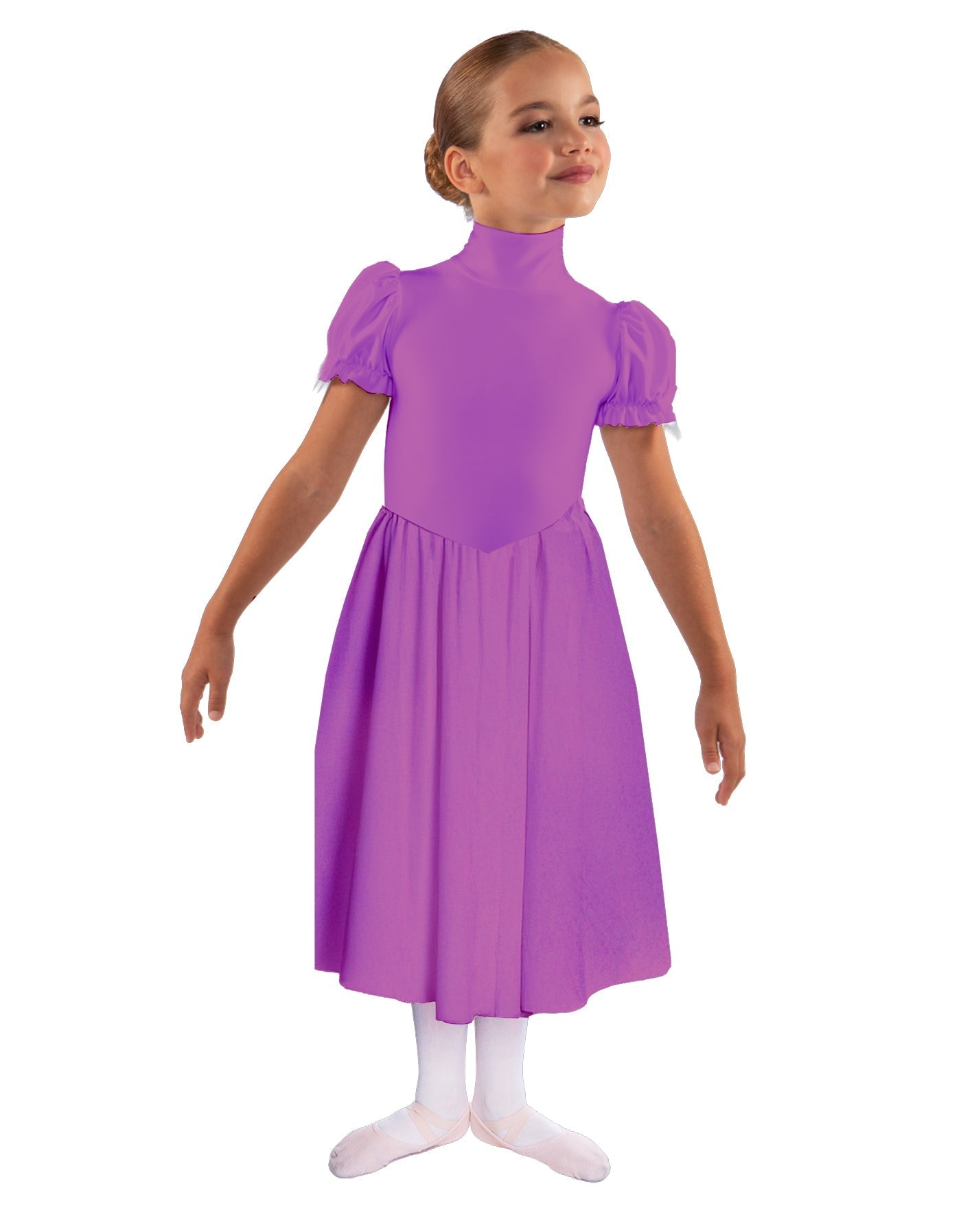 Solid Lycra T Neck Puff Sleeve Dress Below Knee Zipper back