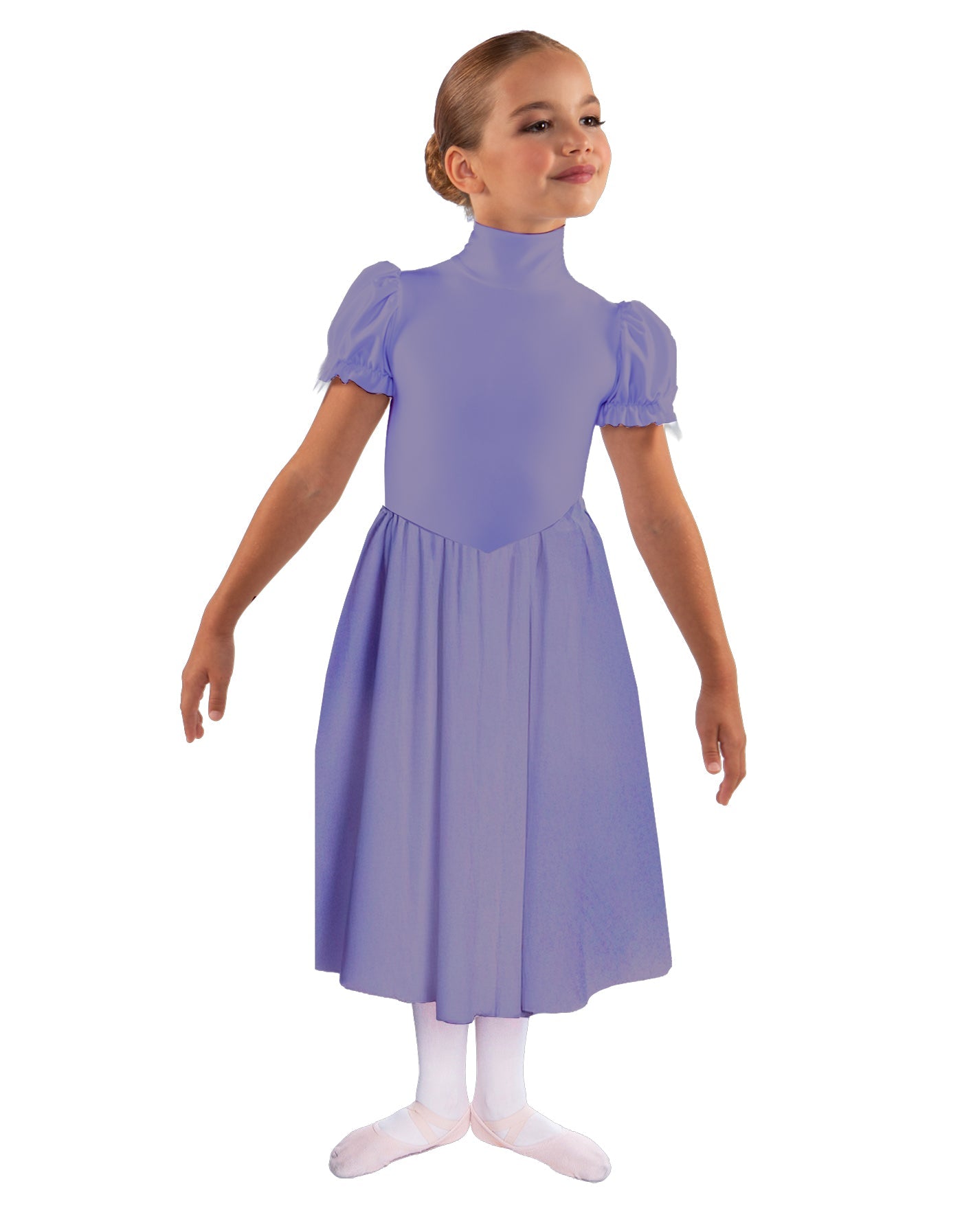 Solid Lycra T Neck Puff Sleeve Dress Below Knee Zipper back