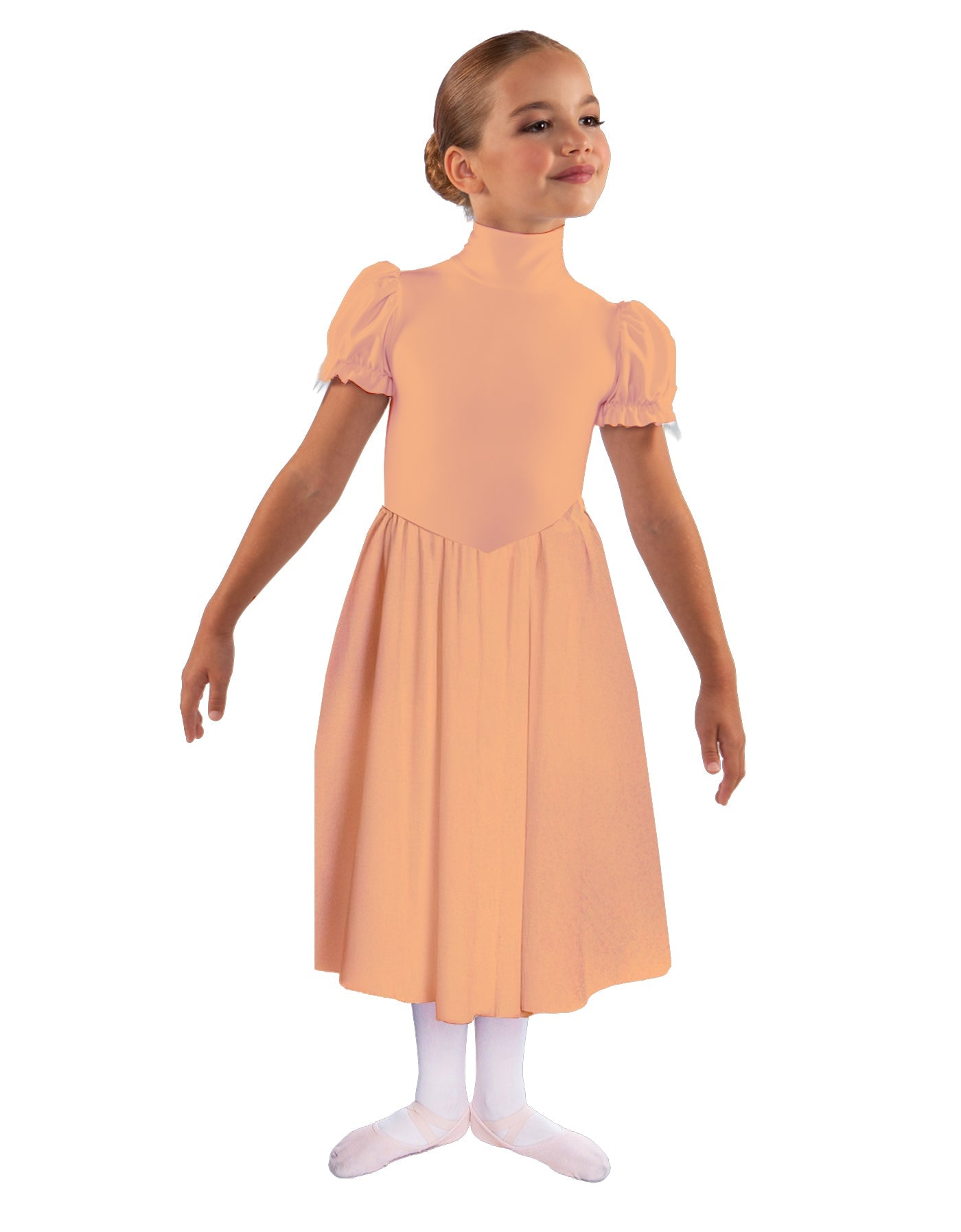 Solid Lycra T Neck Puff Sleeve Dress Below Knee Zipper back