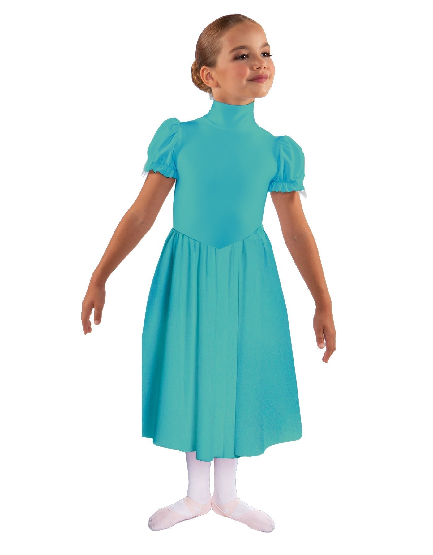 Solid Lycra T Neck Puff Sleeve Dress Below Knee Zipper back